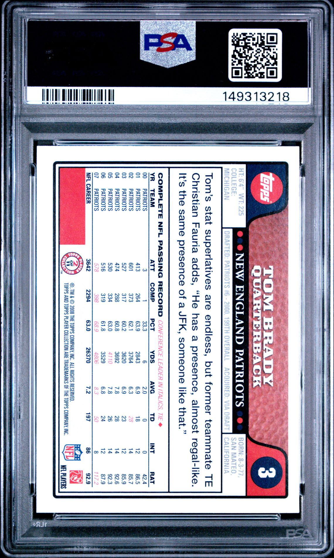 2008 Topps Tom Brady #3 Mint 9 back