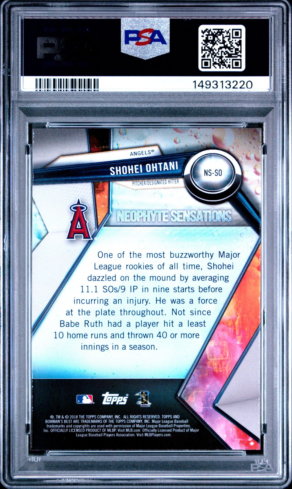 2018 Bowman's Best Neophyte Sensations Shohei Ohtani #Ns-So (Neophyte Sensations) Gem Mt 10 back view - PSA certificate #149313220