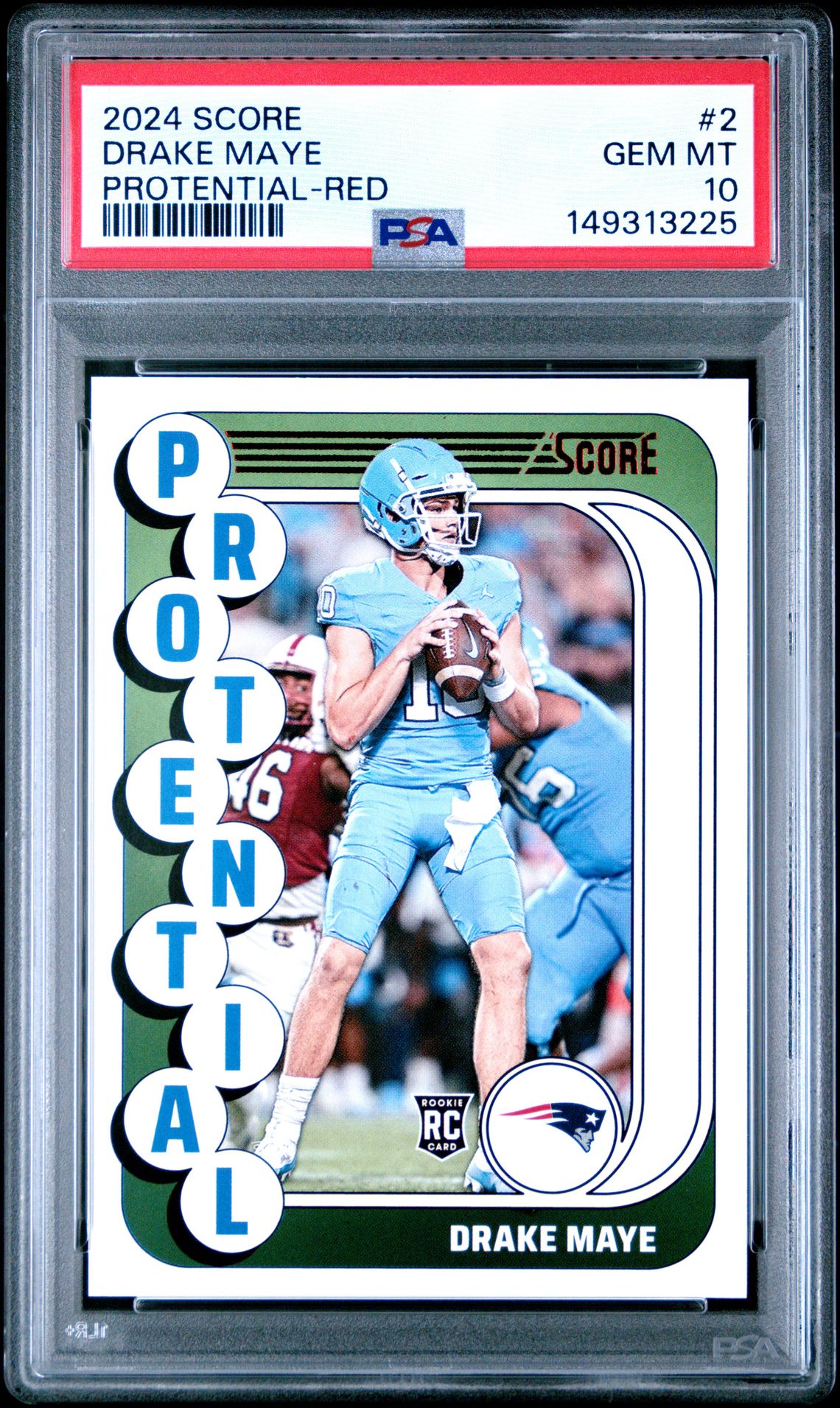 2024 Panini Score Protential Drake Maye #2 (Protential-Red) Gem Mt 10 front view - PSA graded GEM MT 10
