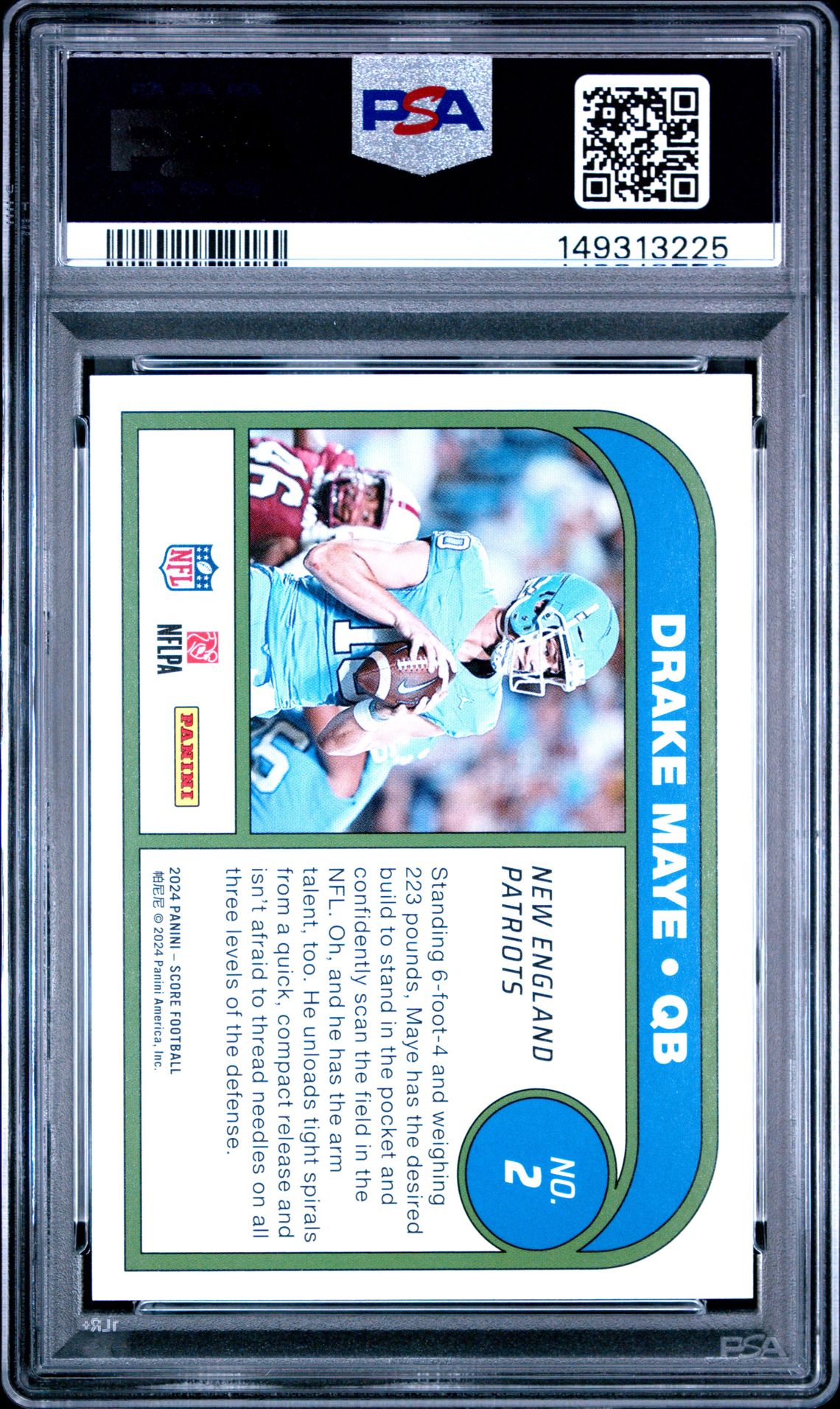 2024 Panini Score Protential Drake Maye #2 (Protential-Red) Gem Mt 10 back view - PSA certificate #149313225