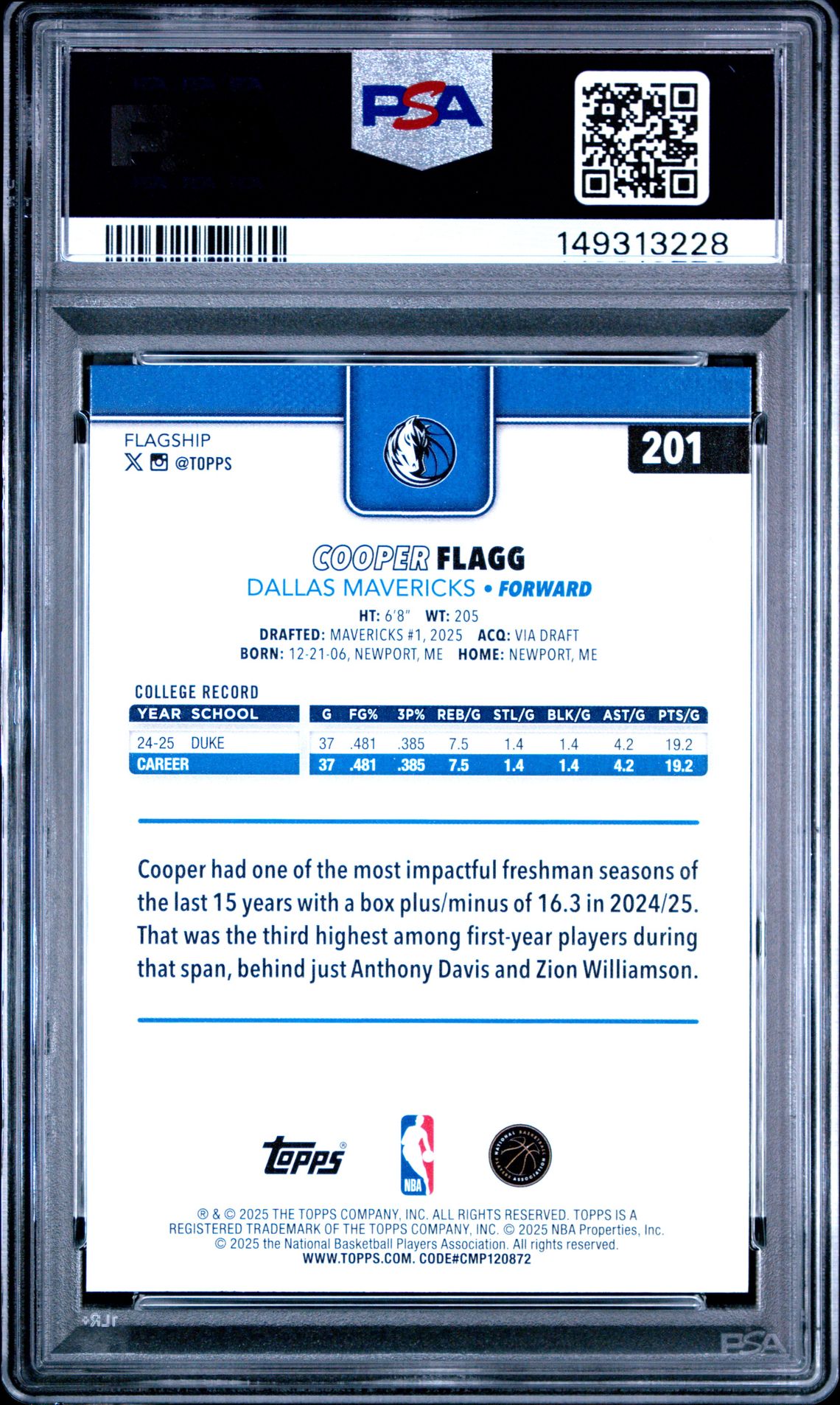 2025 Topps Cooper Flagg #201 Gem Mt 10 back view - PSA certificate #149313228