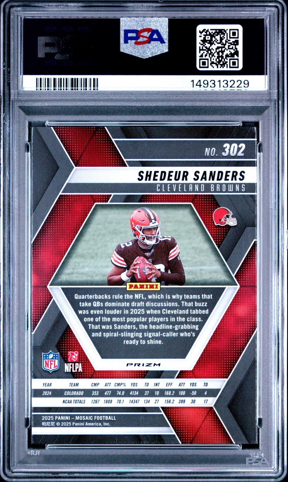 2025 Panini Mosaic Shedeur Sanders #302 (Purple Scope) Gem Mt 10 back view - PSA certificate #149313229