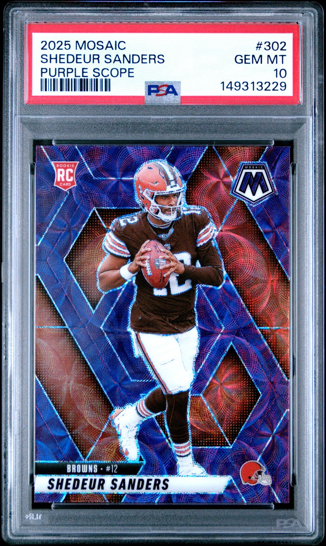 2025 Panini Mosaic Shedeur Sanders #302 (Purple Scope) Gem Mt 10 front view - PSA graded GEM MT 10