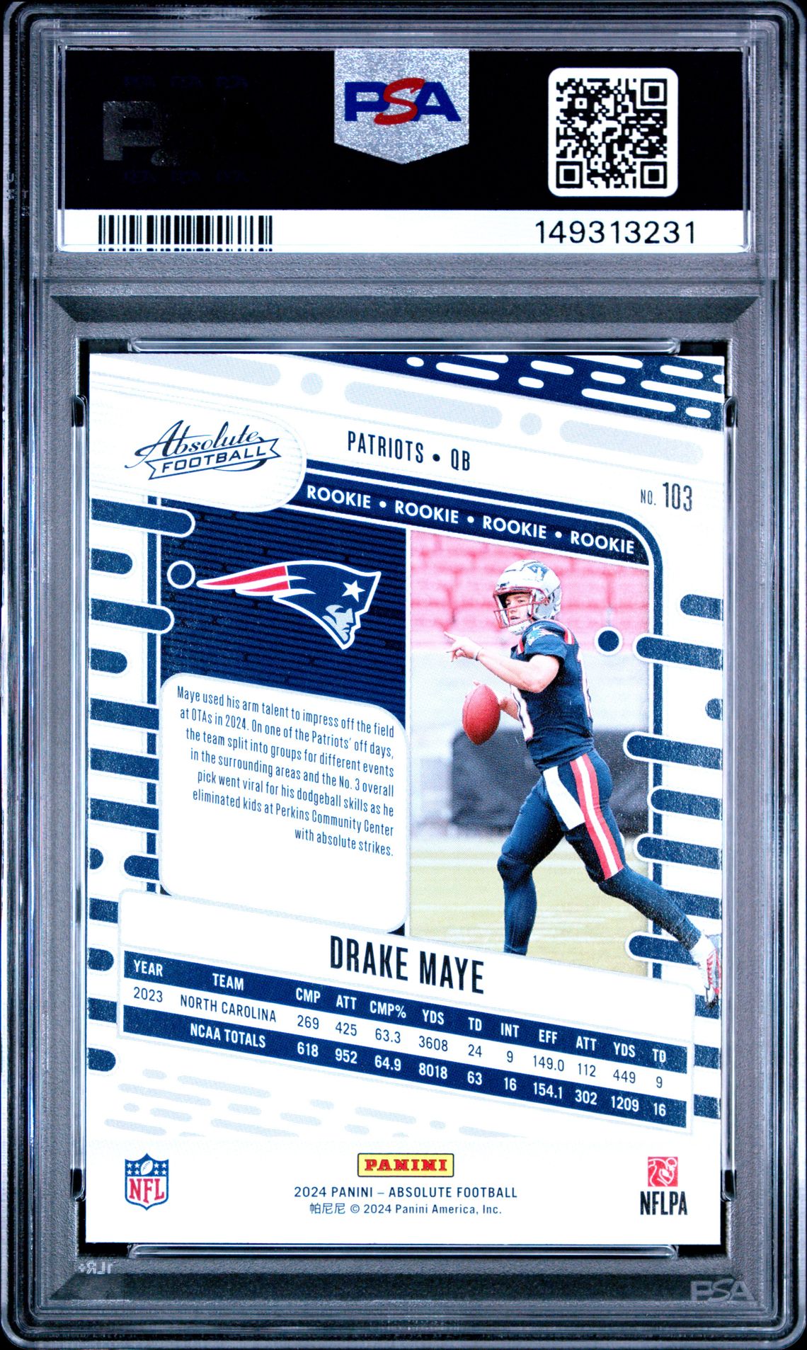 2024 Panini Absolute Drake Maye #103 Gem Mt 10 back view - PSA certificate #149313231