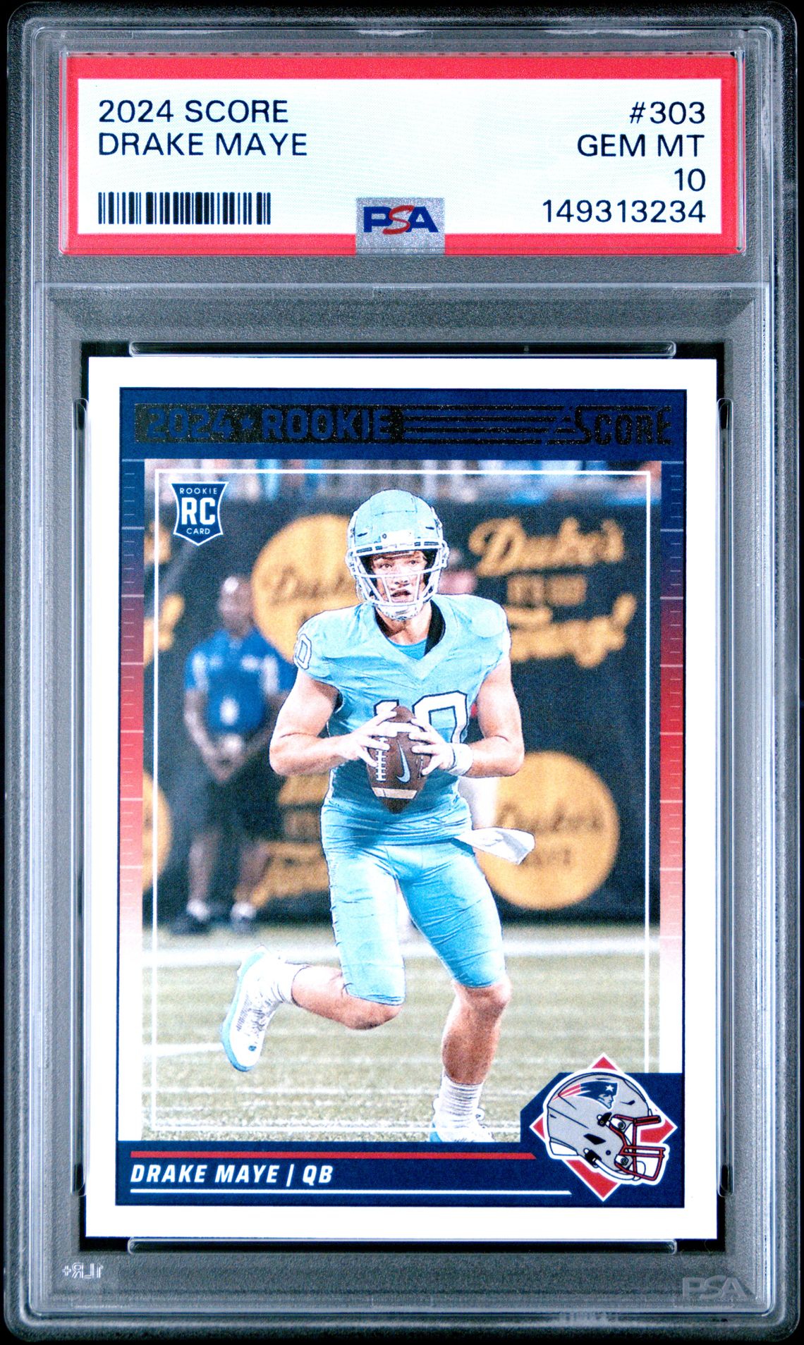2024 Panini Score Drake Maye #303 Gem Mt 10 front view - PSA graded GEM MT 10