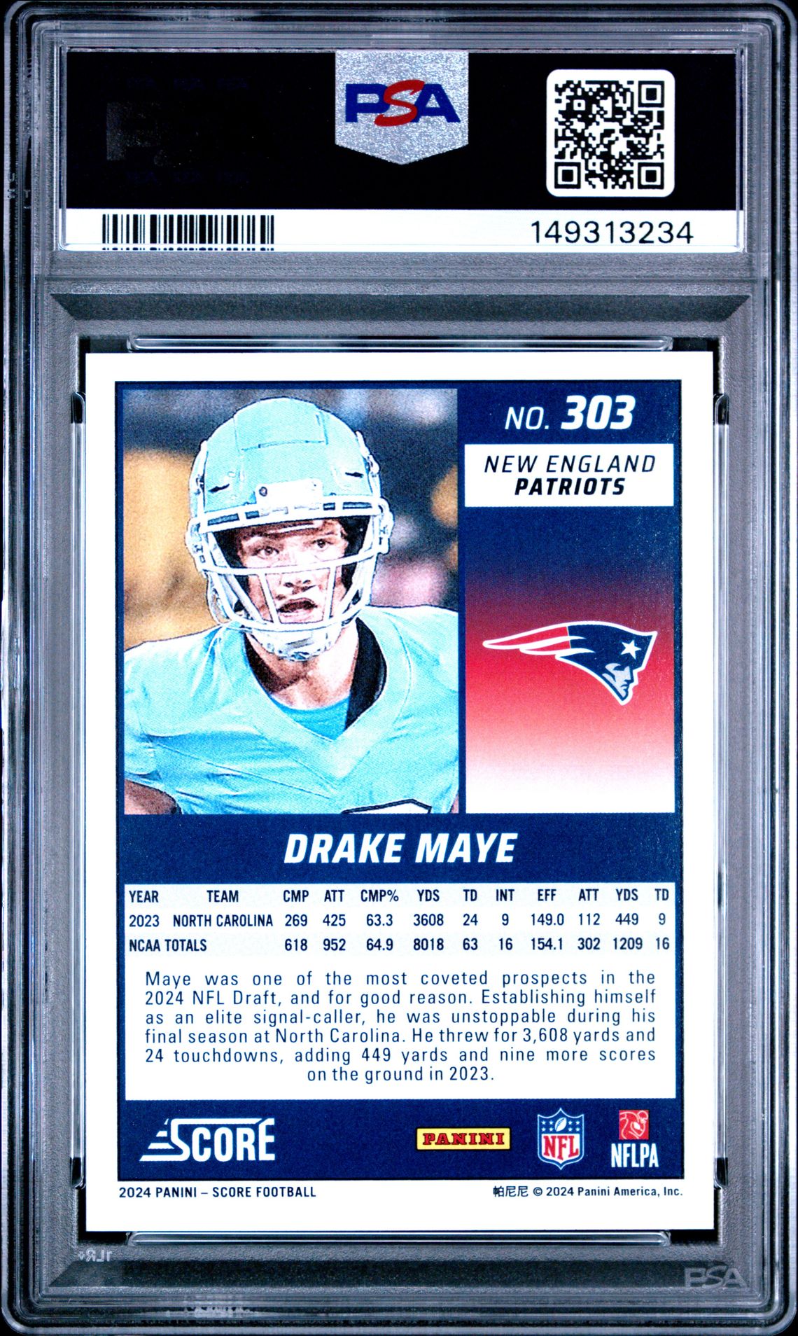 2024 Panini Score Drake Maye #303 Gem Mt 10 back view - PSA certificate #149313234