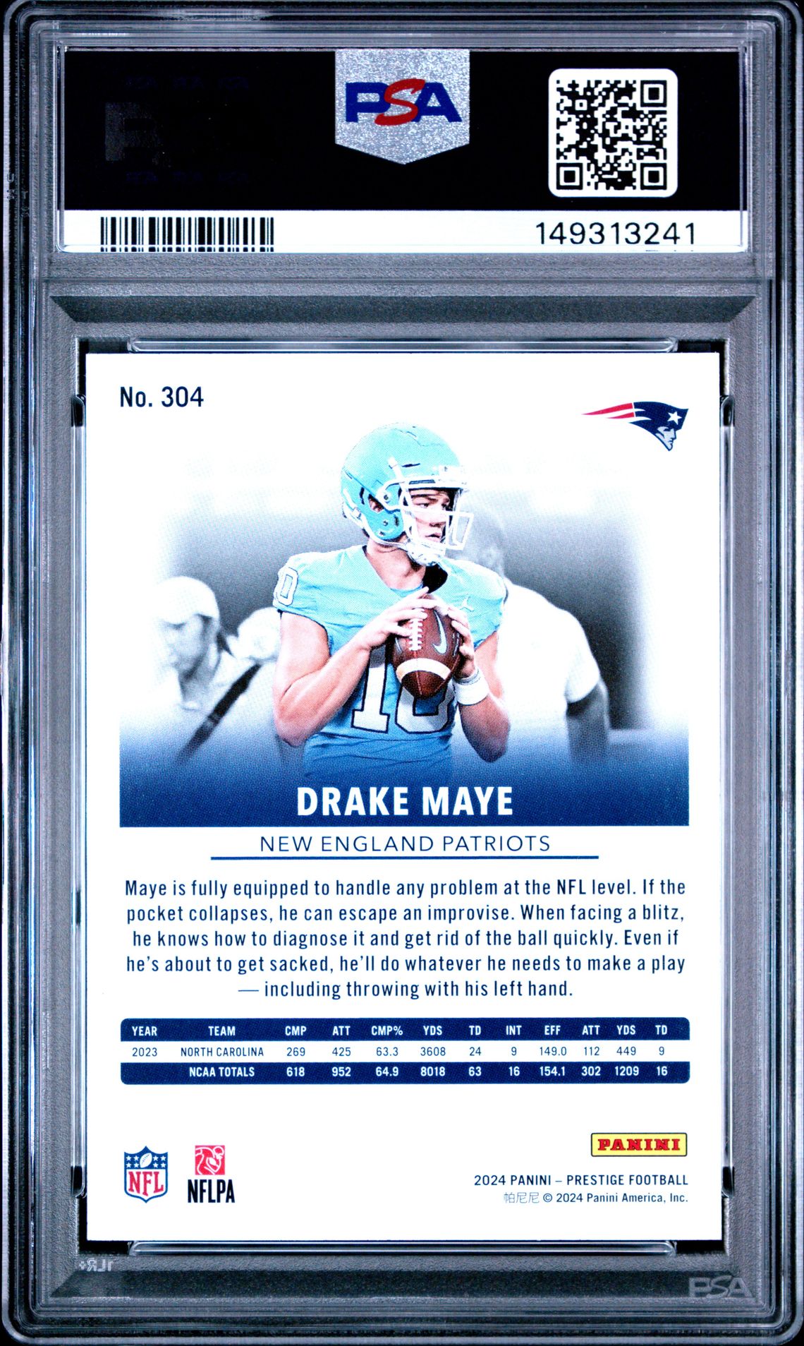 2024 Panini Prestige Drake Maye #304 Gem Mt 10 back view - PSA certificate #149313241