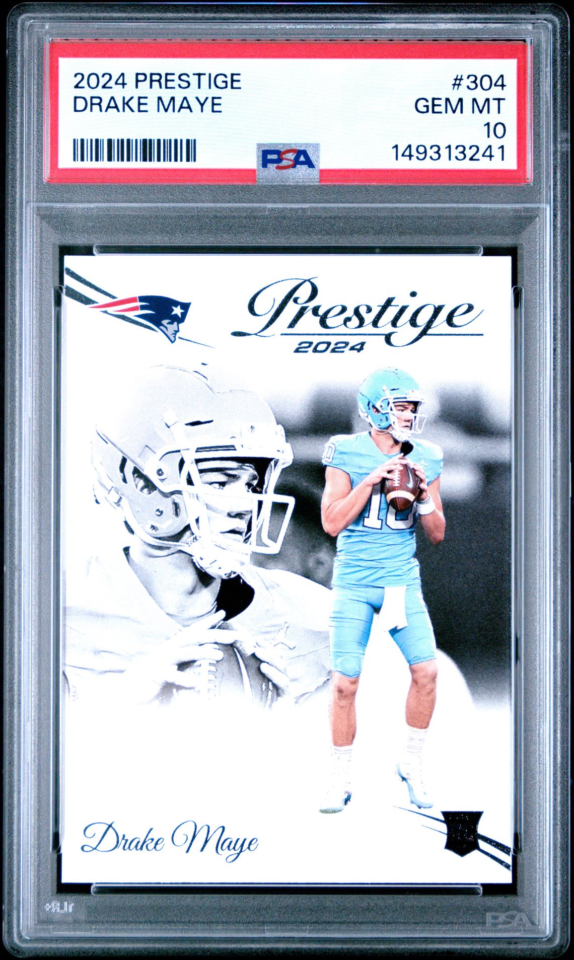 2024 Panini Prestige Drake Maye #304 Gem Mt 10 front view - PSA graded GEM MT 10
