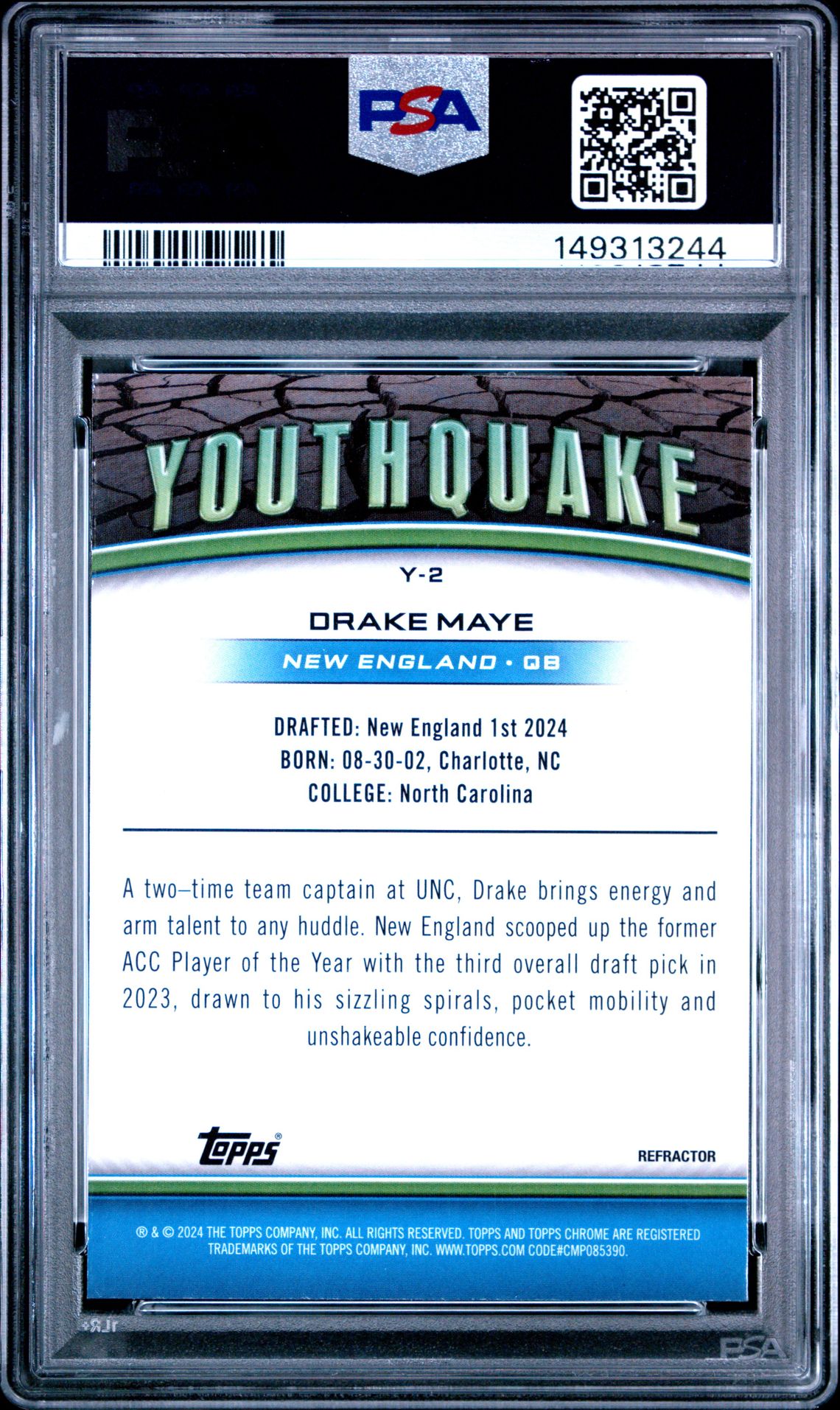 2024 Topps Chrome Youthquake Drake Maye #Y2 (Youthquake-Refractor) Gem Mt 10 back view - PSA certificate #149313244