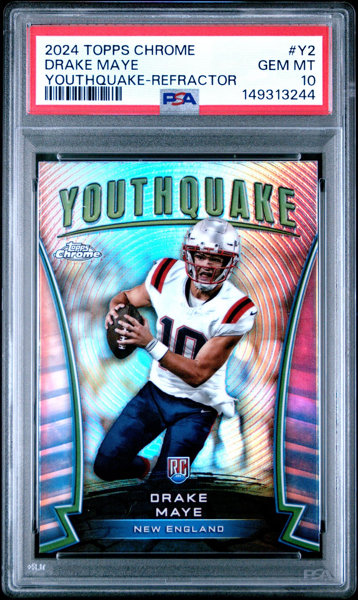 2024 Topps Chrome Youthquake Drake Maye #Y2 (Youthquake-Refractor) Gem Mt 10 front view - PSA graded GEM MT 10