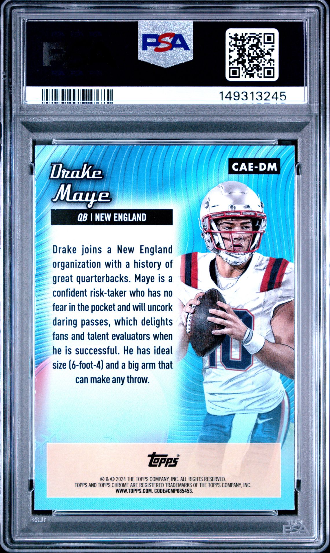 2024 Topps Chrome Chrome All-Etch Drake Maye #Caedm (Chrome All-Etch) Gem Mt 10 back view - PSA certificate #149313245