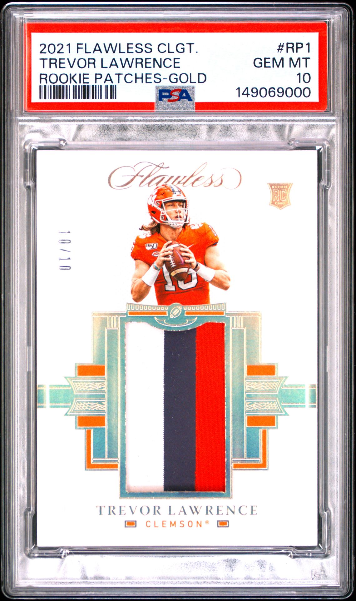 2021 Panini PANINI FLAWLESS COLLEGIATE ROOKIE PATCHES GOLD #RP1 Trevor Lawrence front