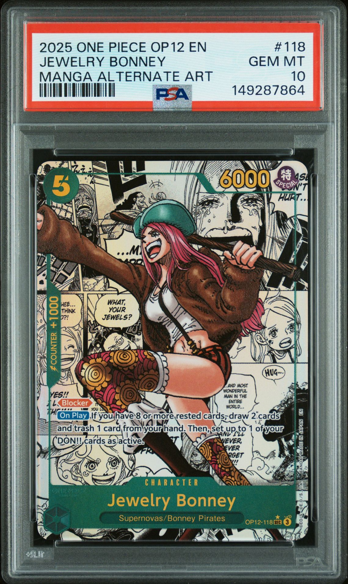 2025 One Piece ONE PIECE OP12-LEGACY OF THE MASTER MANGA ALTERNATE ART #118 Jewelry Bonney front