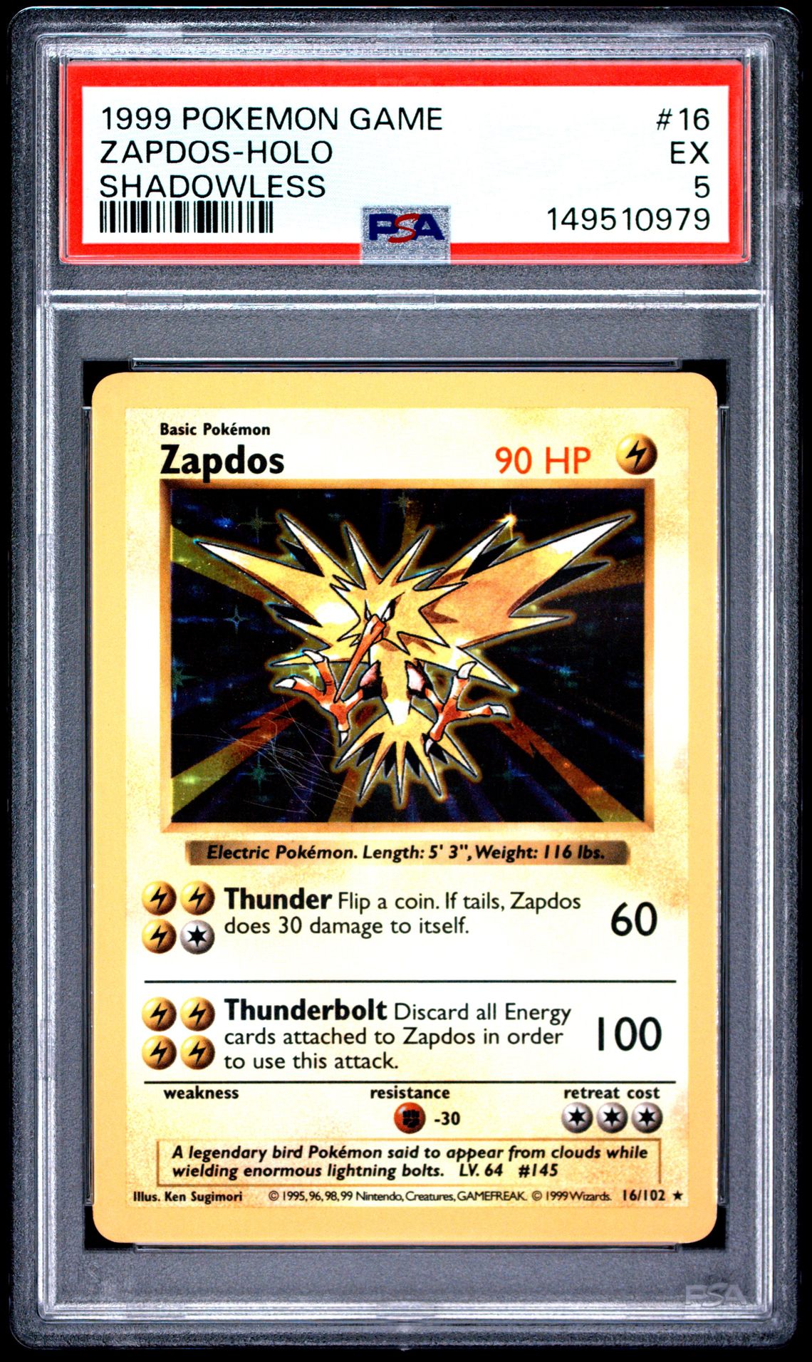 1999 Pokemon POKEMON GAME SHADOWLESS #16 Zapdos-Holo front