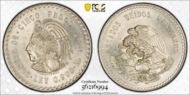 1947-Mo 5 Peso Cuauhtemoc KM-465 Ag AU58