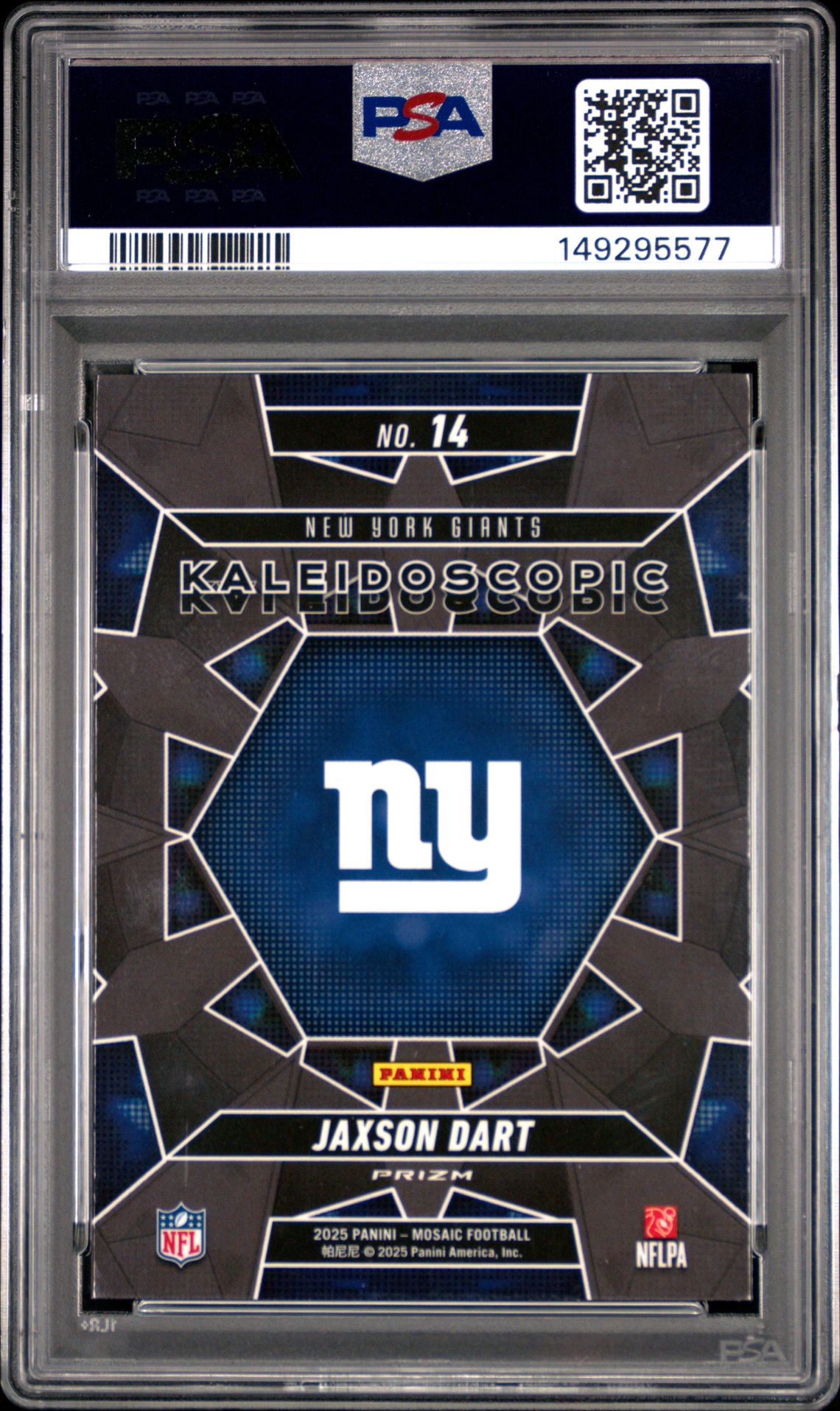 2025 Panini Mosaic Kaleidoscopic Jaxson Dart #14 Gem Mt 10 back view - PSA certificate #149295577