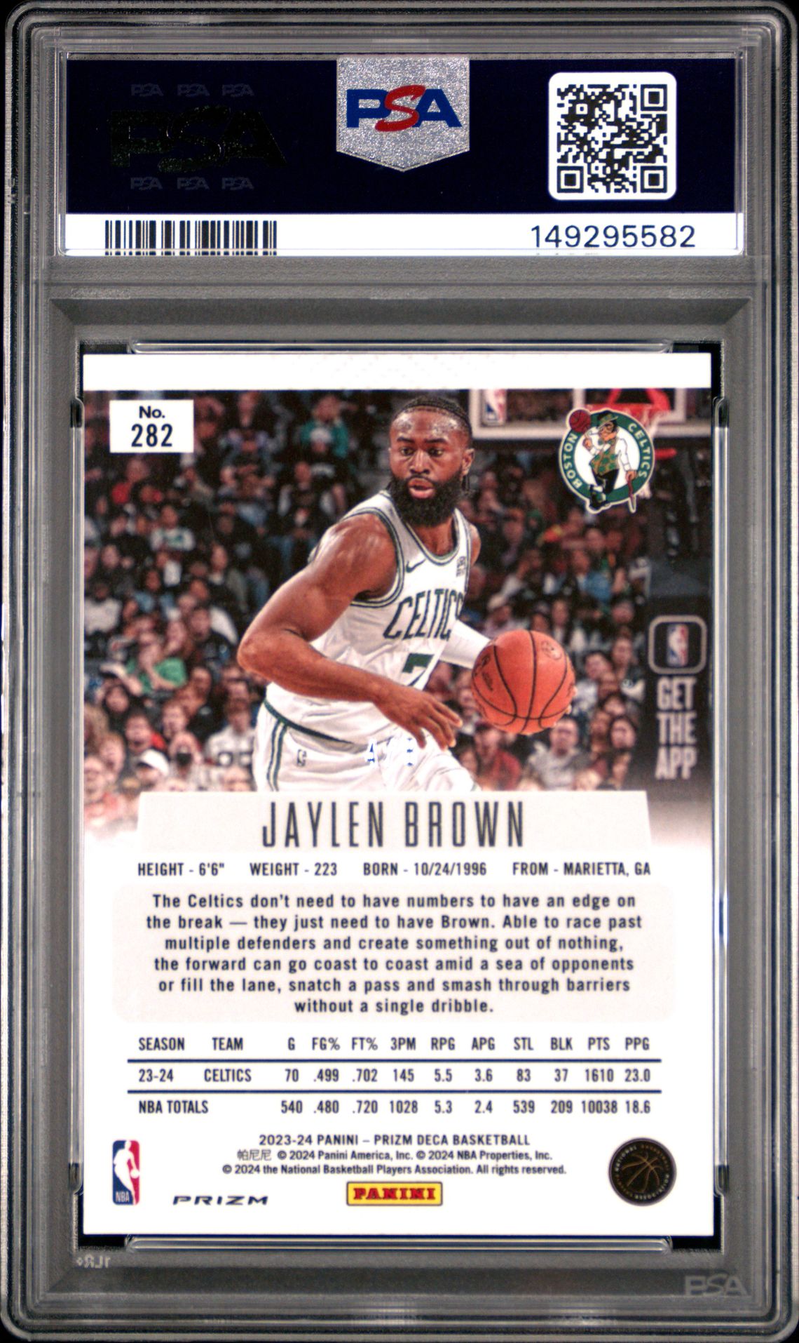 2023 Panini Prizm Deca Jaylen Brown #282 (Black Gold Shimmer Fotl) Gem Mt 10 back view - PSA certificate #149295582