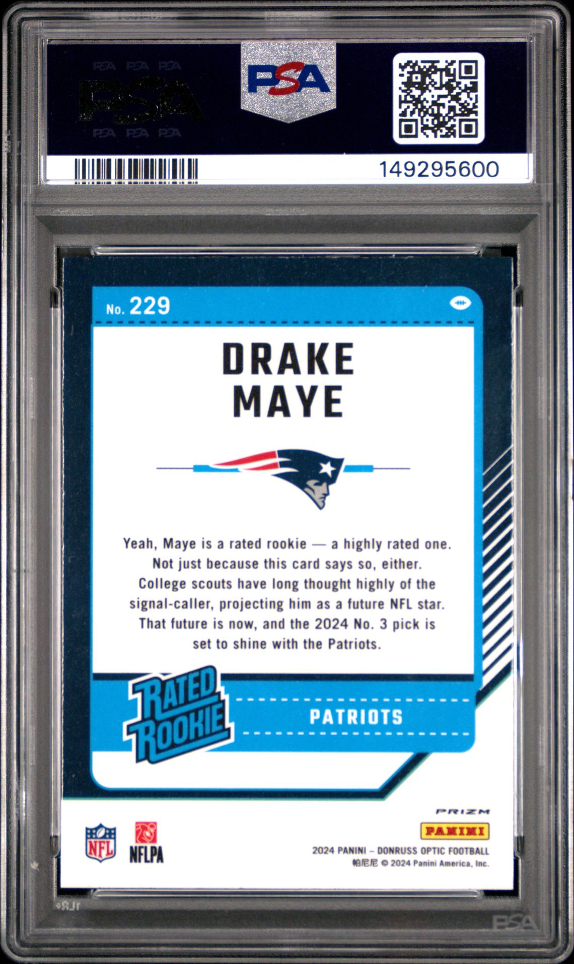 2024 Panini Donruss Optic Drake Maye #229 (Blue Hyper) Mint 9 back