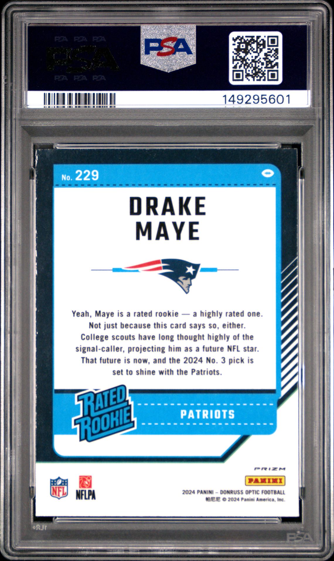 2024 Panini Donruss Optic Drake Maye #229 (Blue Hyper) Mint 9 back