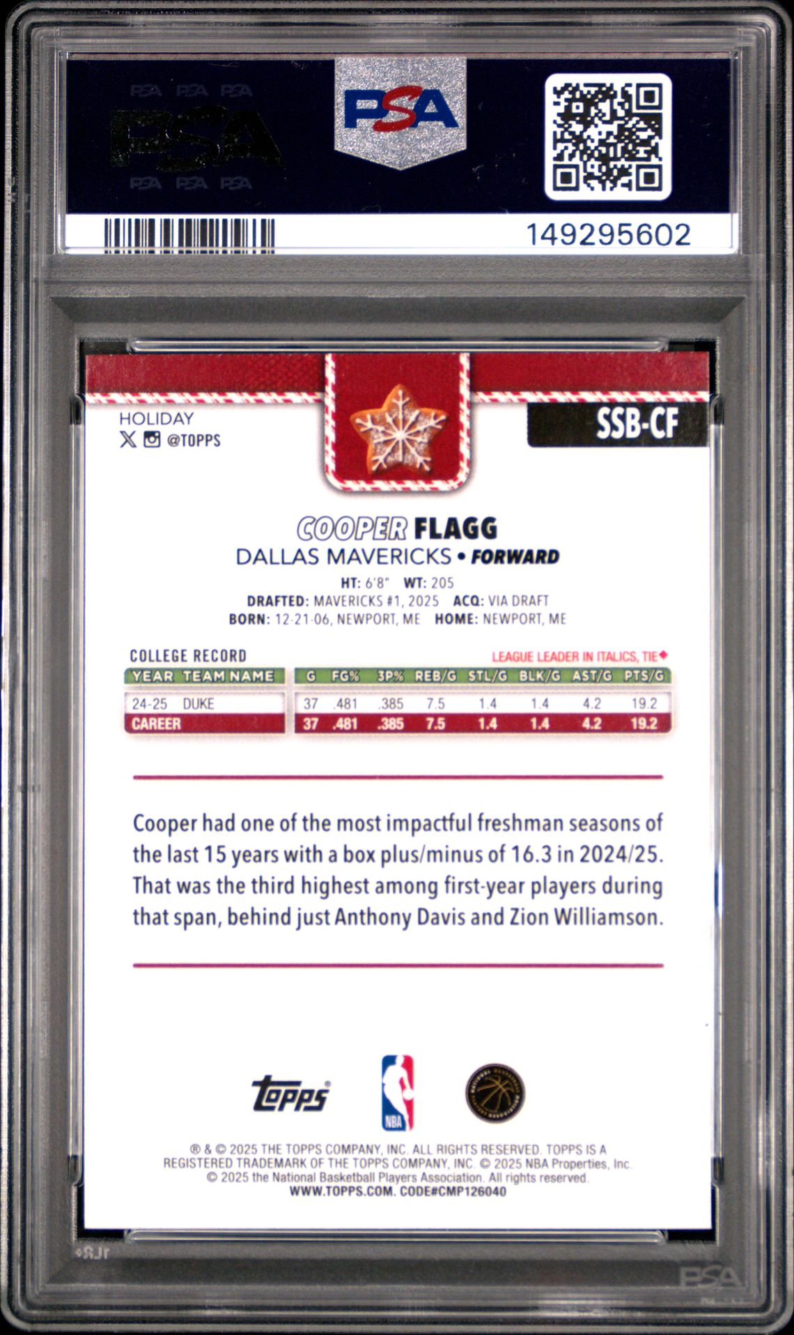 2025 Topps Holiday Holiday Backs Variation Super Short Prints Cooper Flagg #Ssb-Cf Mint 9 back