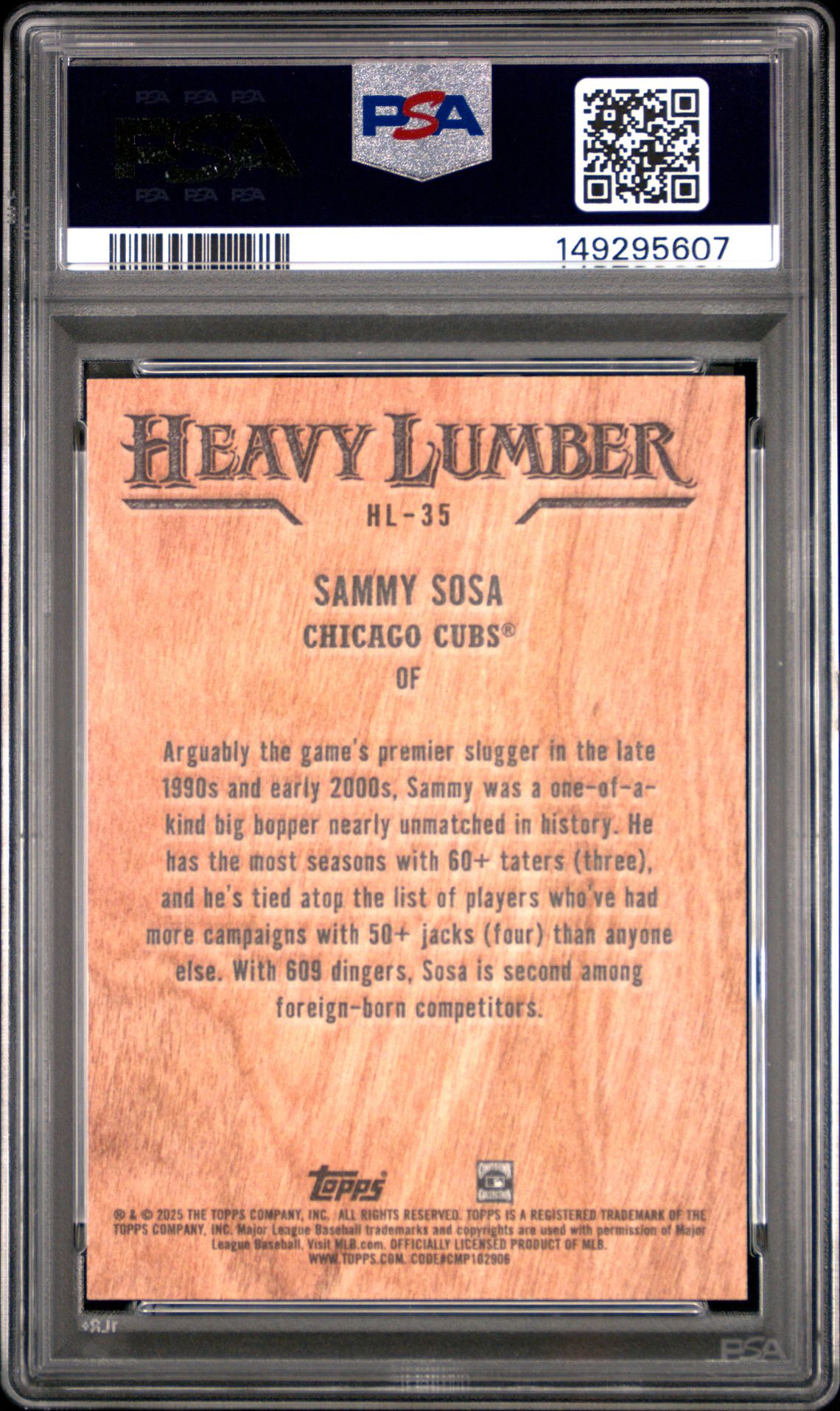 2025 Topps Heavy Lumber Sammy Sosa #Hl35 Gem Mt 10 back view - PSA certificate #149295607