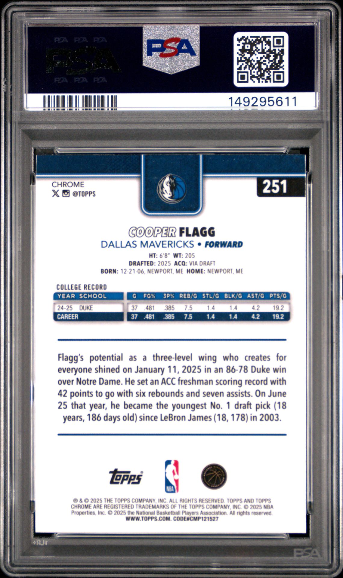 2025 Topps Chrome Cooper Flagg #251 Gem Mt 10 back