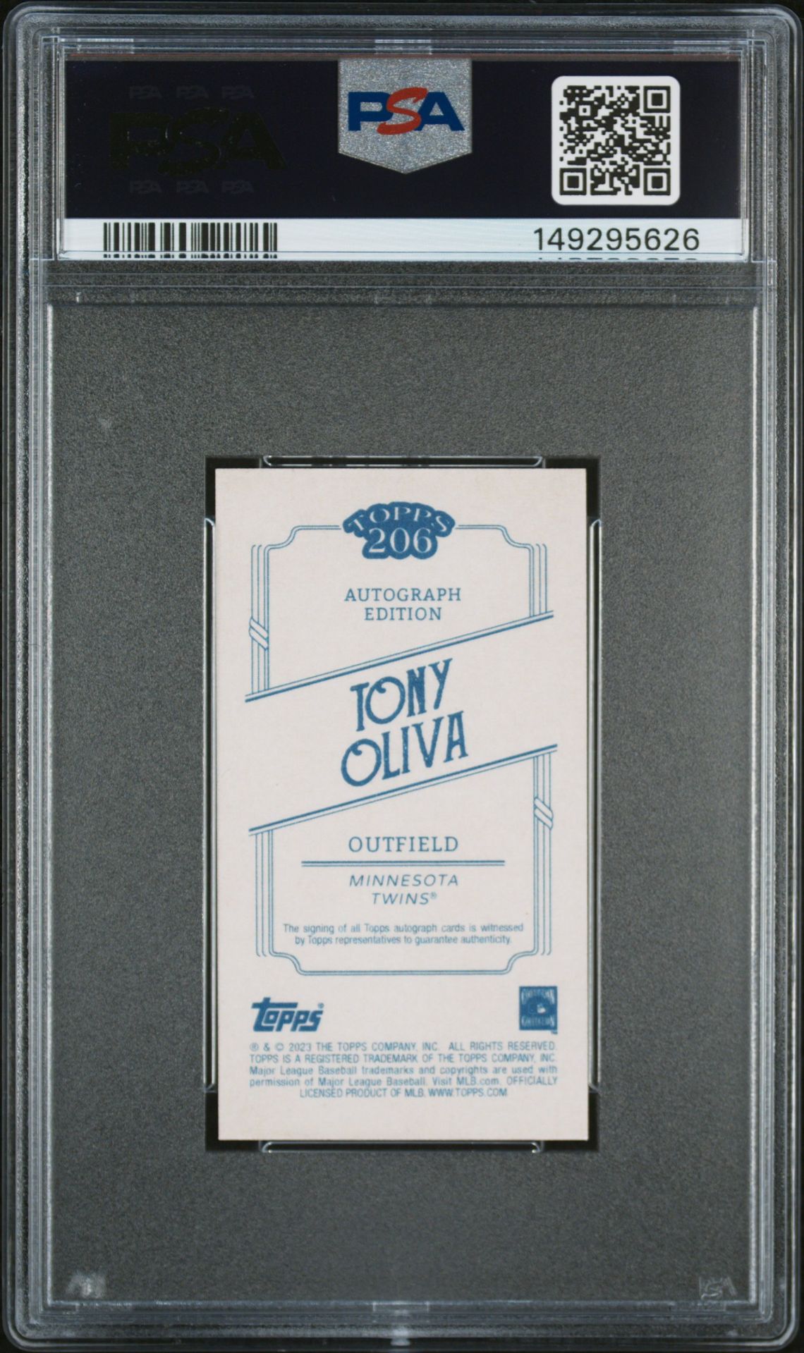 2023 Topps 206 Low Series Autograph Tony Oliva (Low Series-Autograph) Gem Mt 10 back view - PSA certificate #149295626