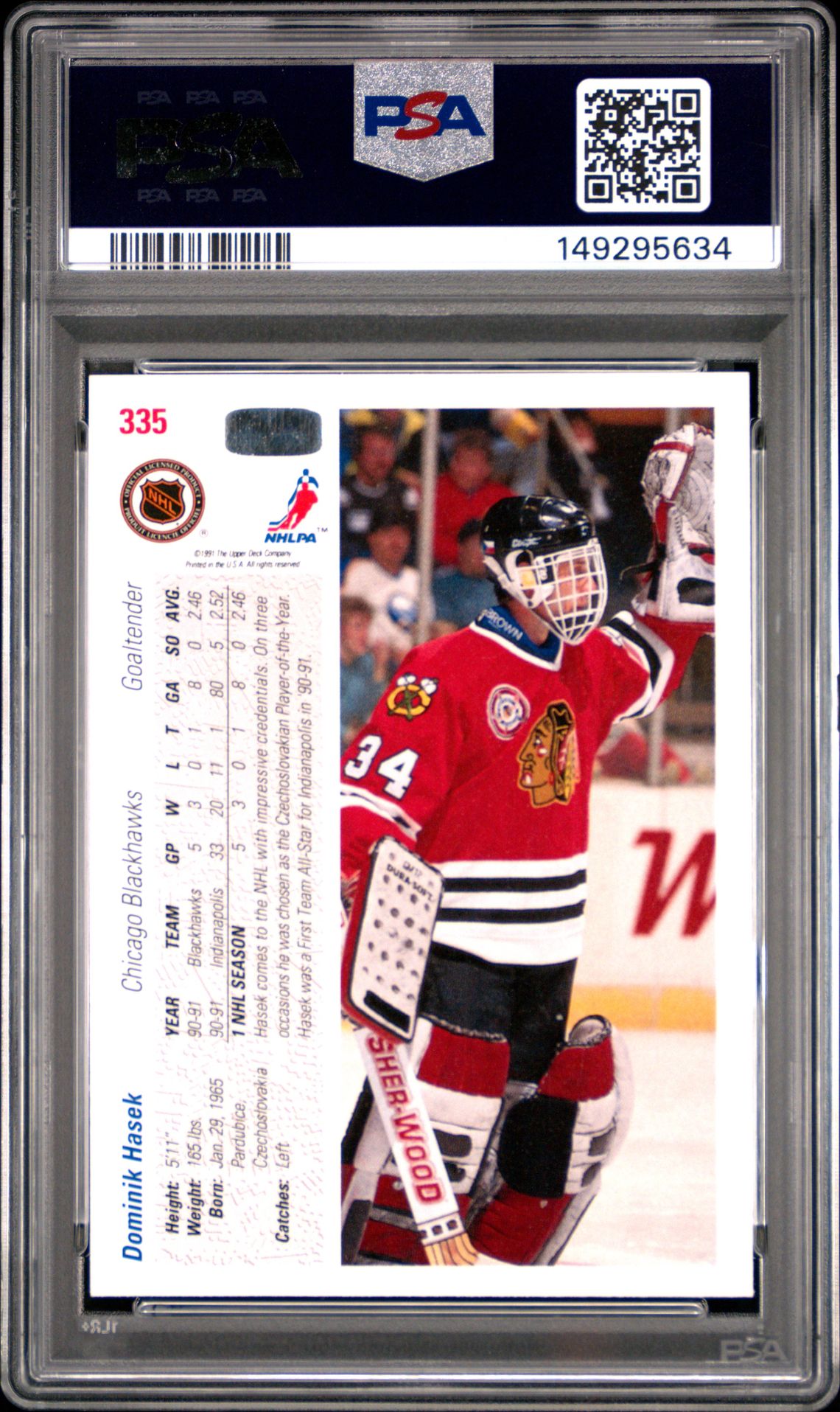 1991 Upper Deck Dominik Hasek #335 Mint 9 back