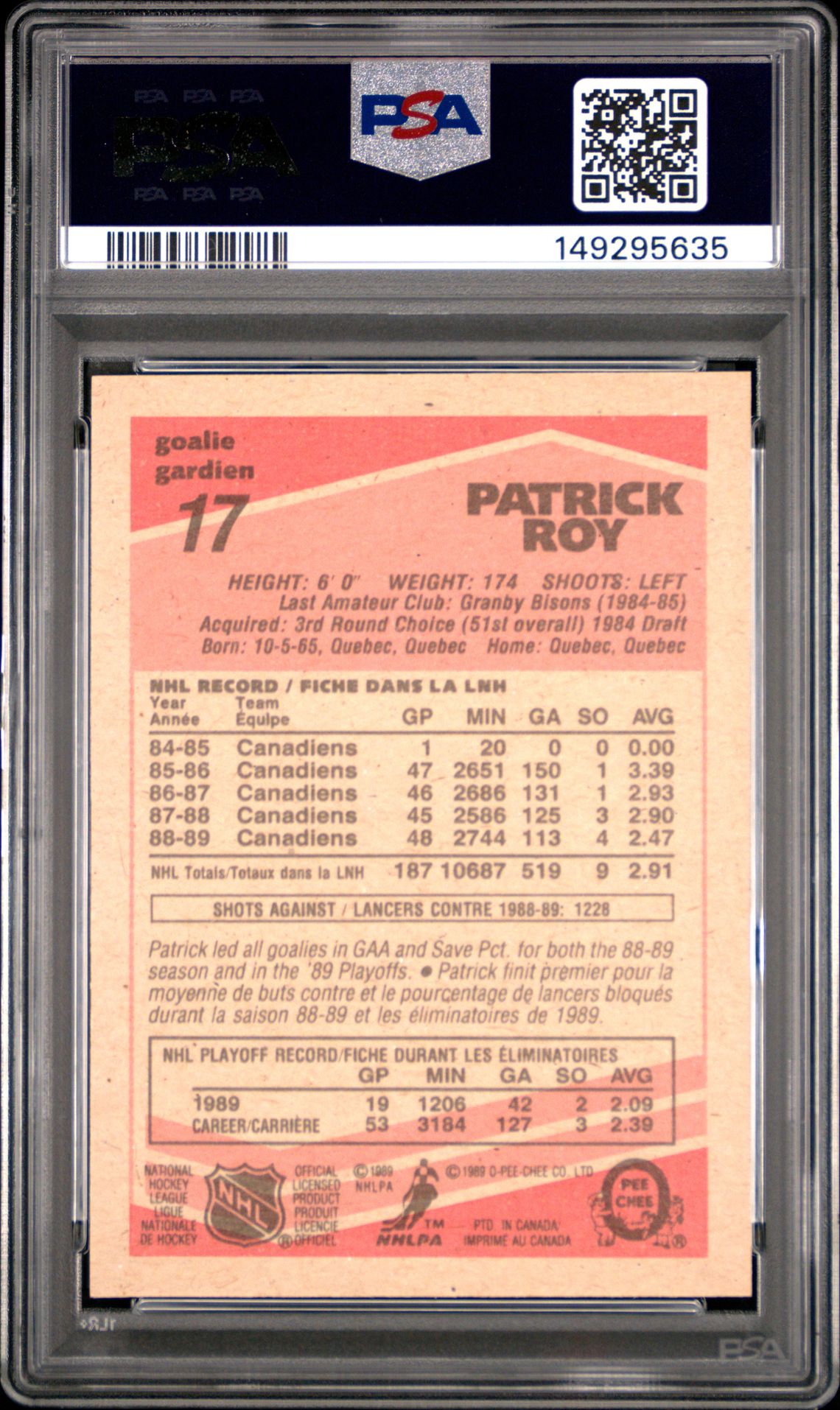 1989 O-Pee-Chee Patrick Roy #17 Mint 9 back
