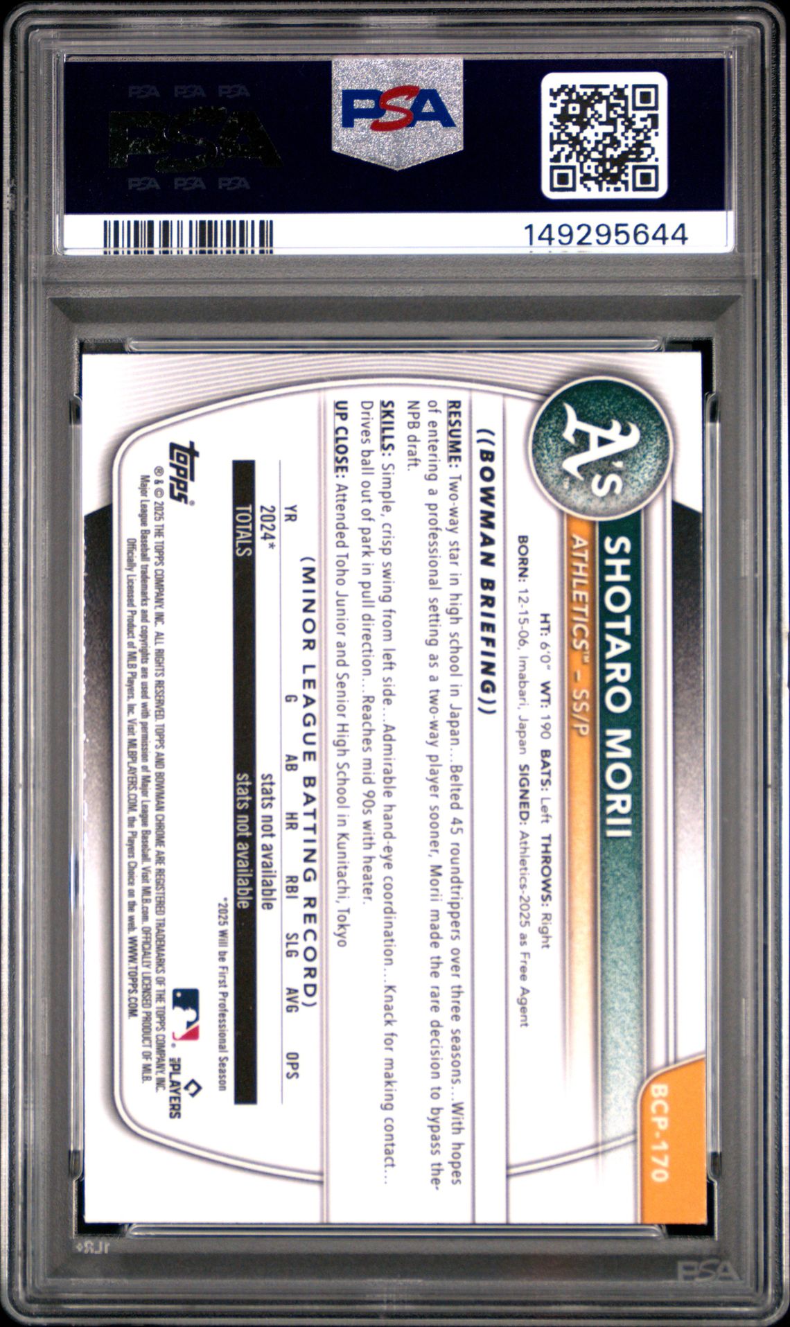 2025 Bowman Chrome Mega Box Chrome Prospects Shotaro Morii #170 Mint 9 back