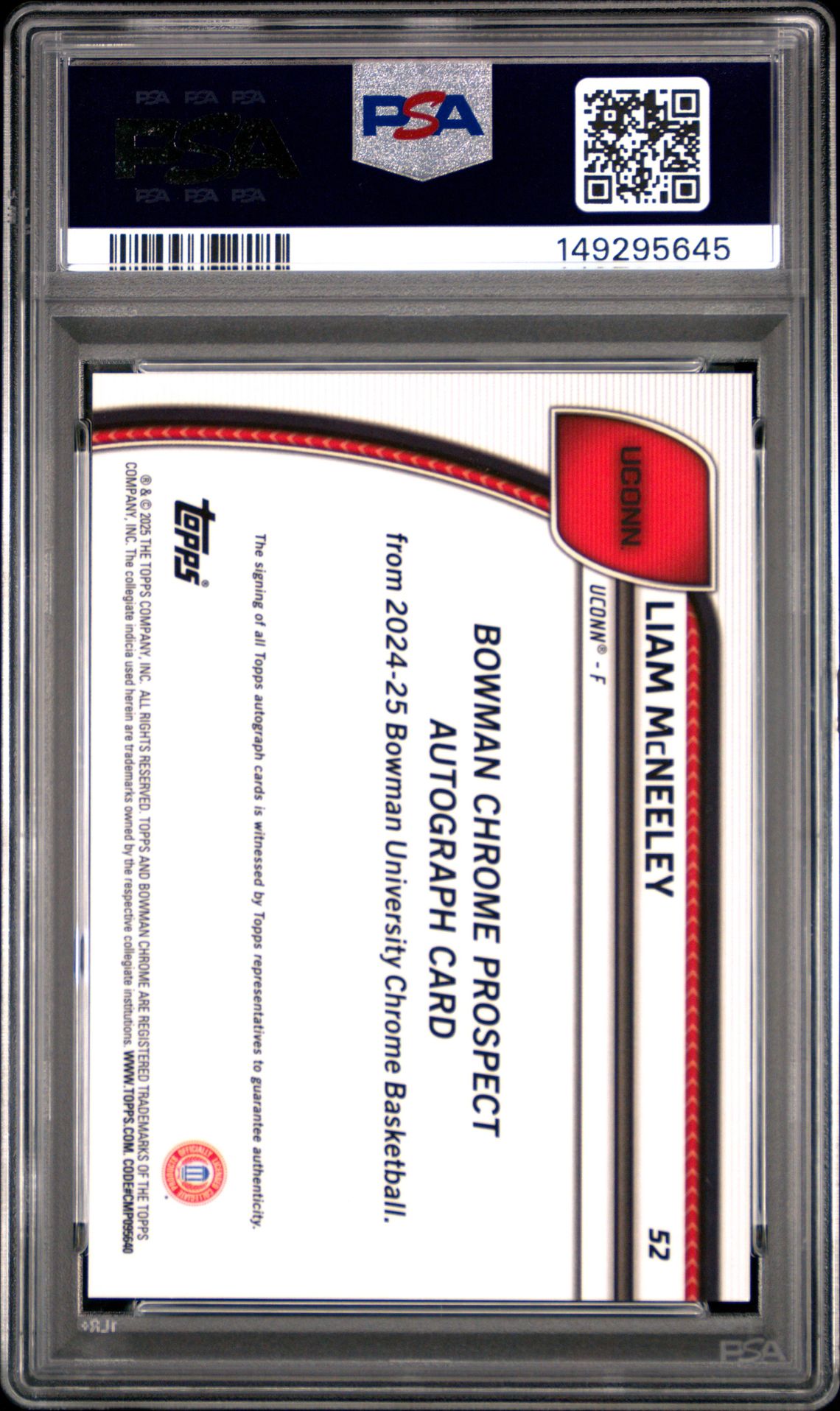 2024 Bowman Chrome University Liam Mcneeley #52 (Autograph-Black Wave) Gem Mt 10 back
