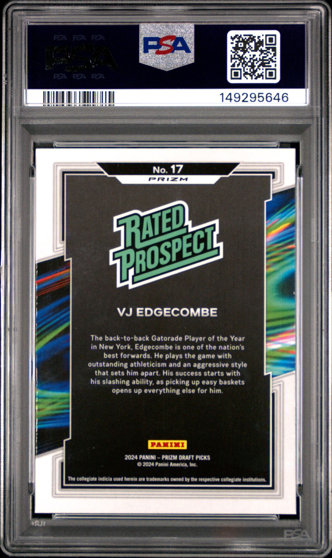 2024 Panini Prizm Draft Picks Rated Prospect Vj Edgecombe #17 (Rated Prospect-Red Ice) Mint 9 back
