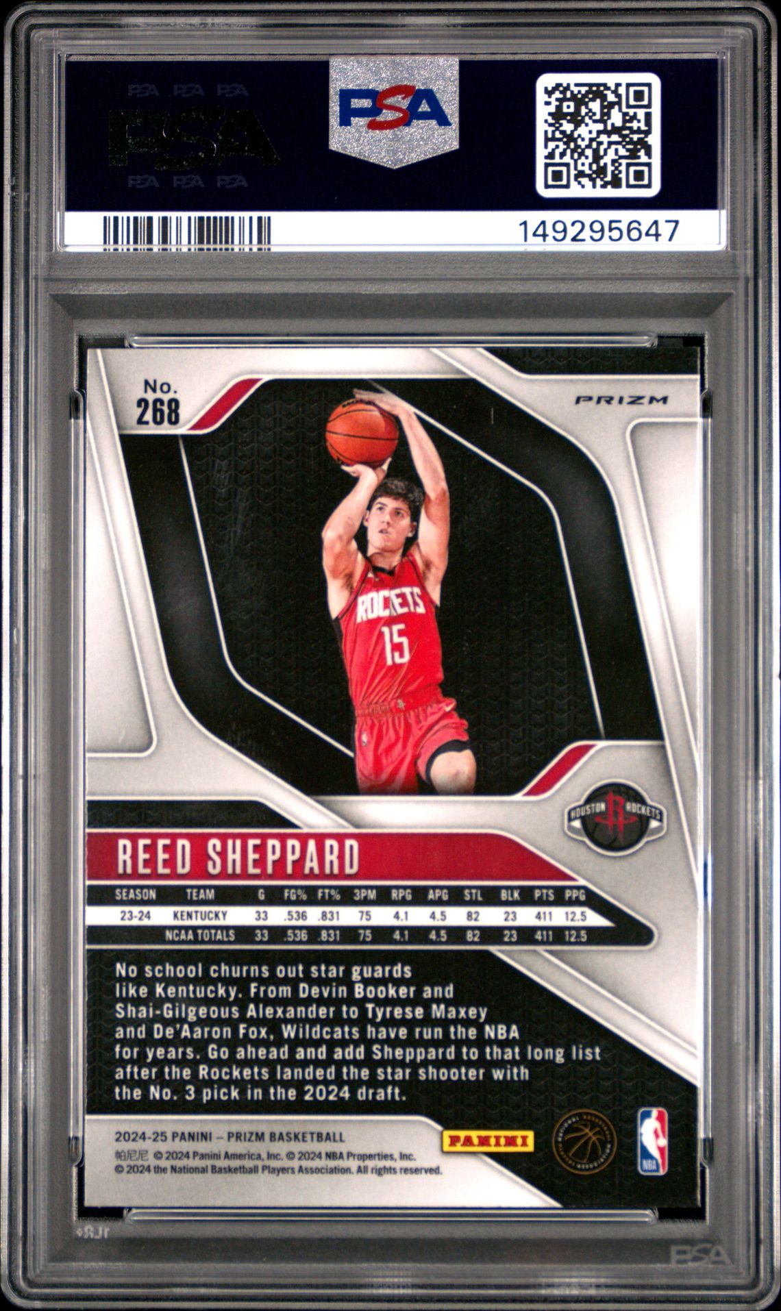 2024 Panini Prizm Reed Sheppard #268 (Red White Blue Prizm) Mint 9 back