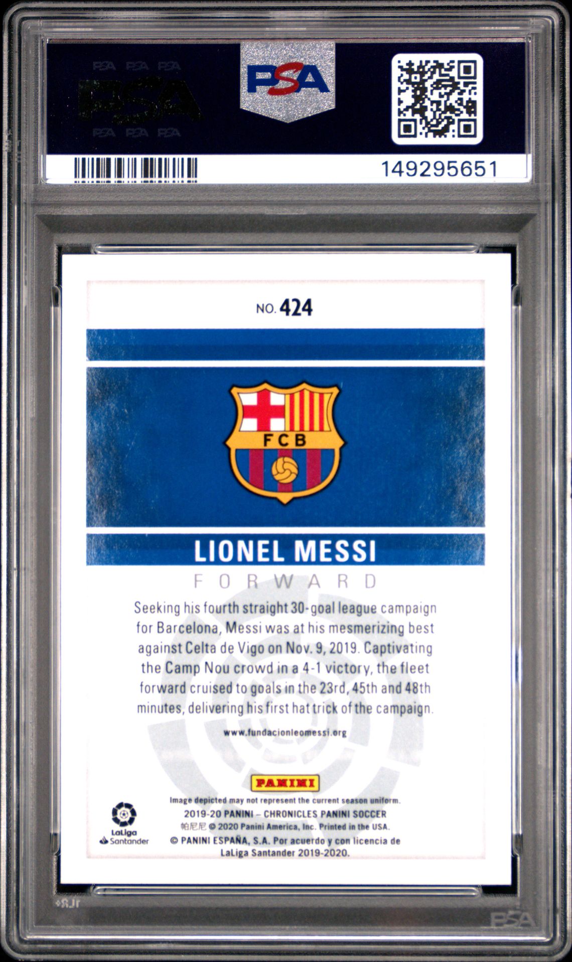 2019 Panini Chronicles Lionel Messi #424 (La Liga-Blue) Nm-Mt 8 back