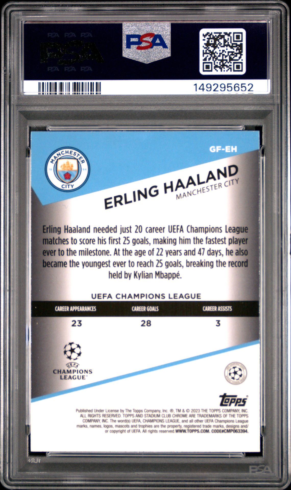 2022-23 Topps Stadium Club Chrome Uefa Club Competitions Goal Force Erling Haaland #Gfeh Gem Mt 10 back view - PSA certificate #149295652