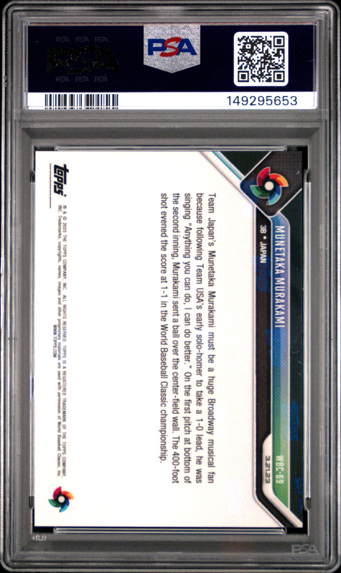 2023 Topps Now World Baseball Classic Munetaka Murakami #Wbc69 (World Baseball Classic) Gem Mt 10 back view - PSA certificate #149295653