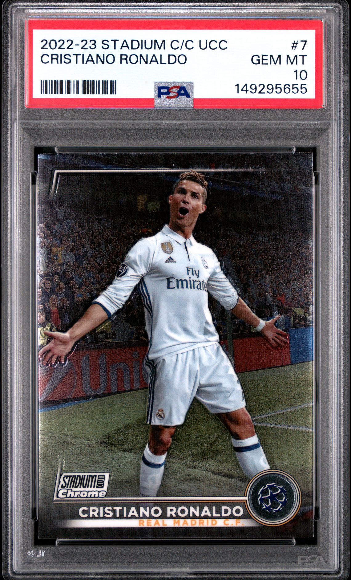 2022-23 Topps Stadium Club Chrome Uefa Club Competitions Cristiano Ronaldo #7 Gem Mt 10 front view - PSA graded GEM MT 10