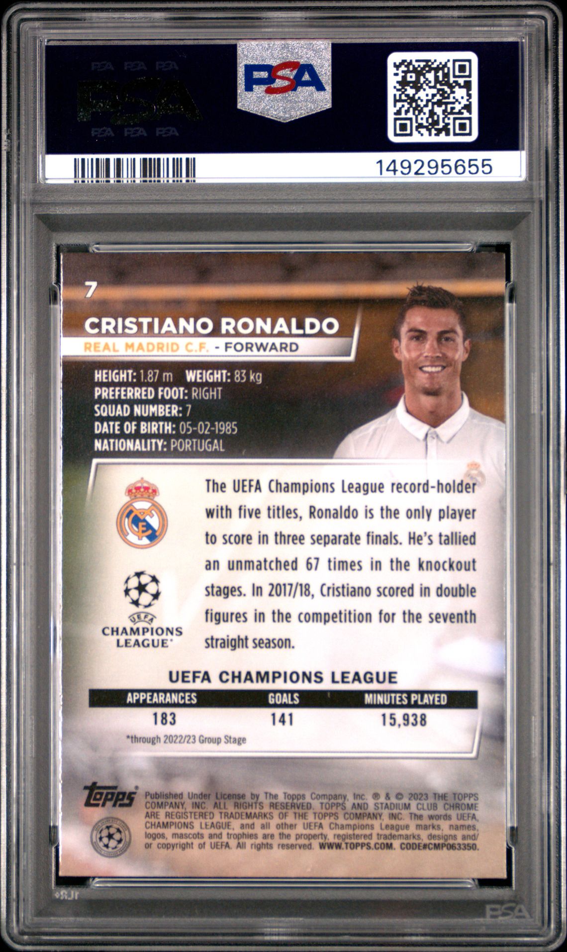 2022-23 Topps Stadium Club Chrome Uefa Club Competitions Cristiano Ronaldo #7 Gem Mt 10 back view - PSA certificate #149295655