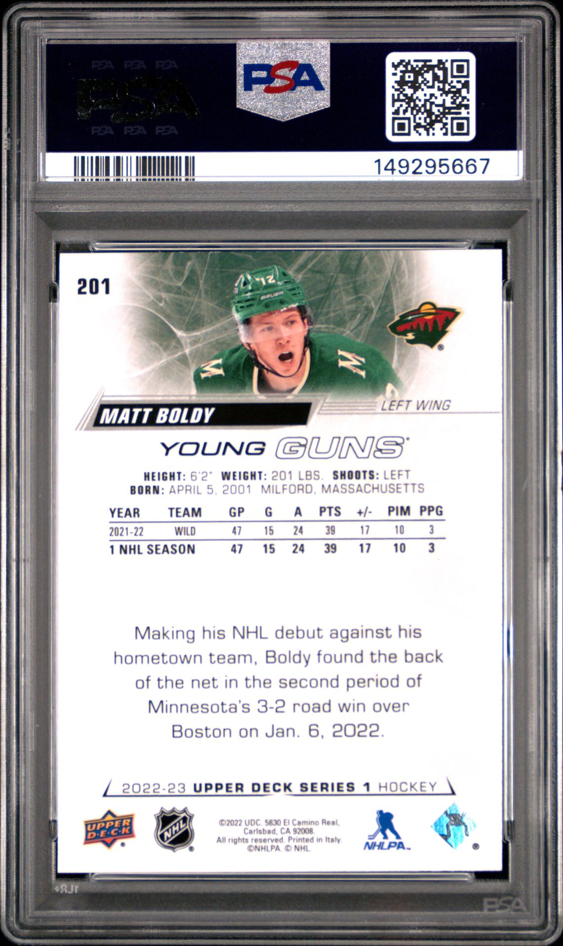 2022 Upper Deck Matt Boldy #201 Mint 9 back