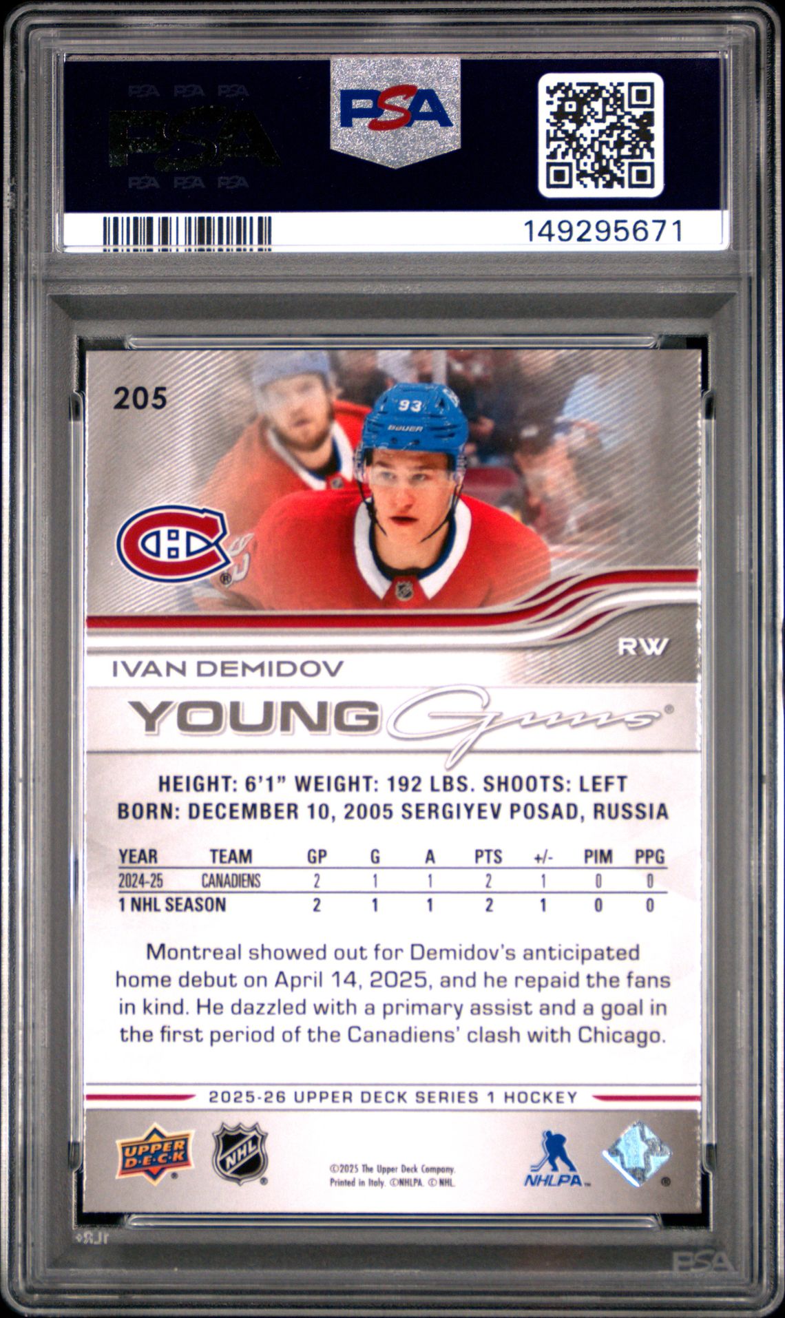 2025 Upper Deck Ivan Demidov #205 Mint 9 back