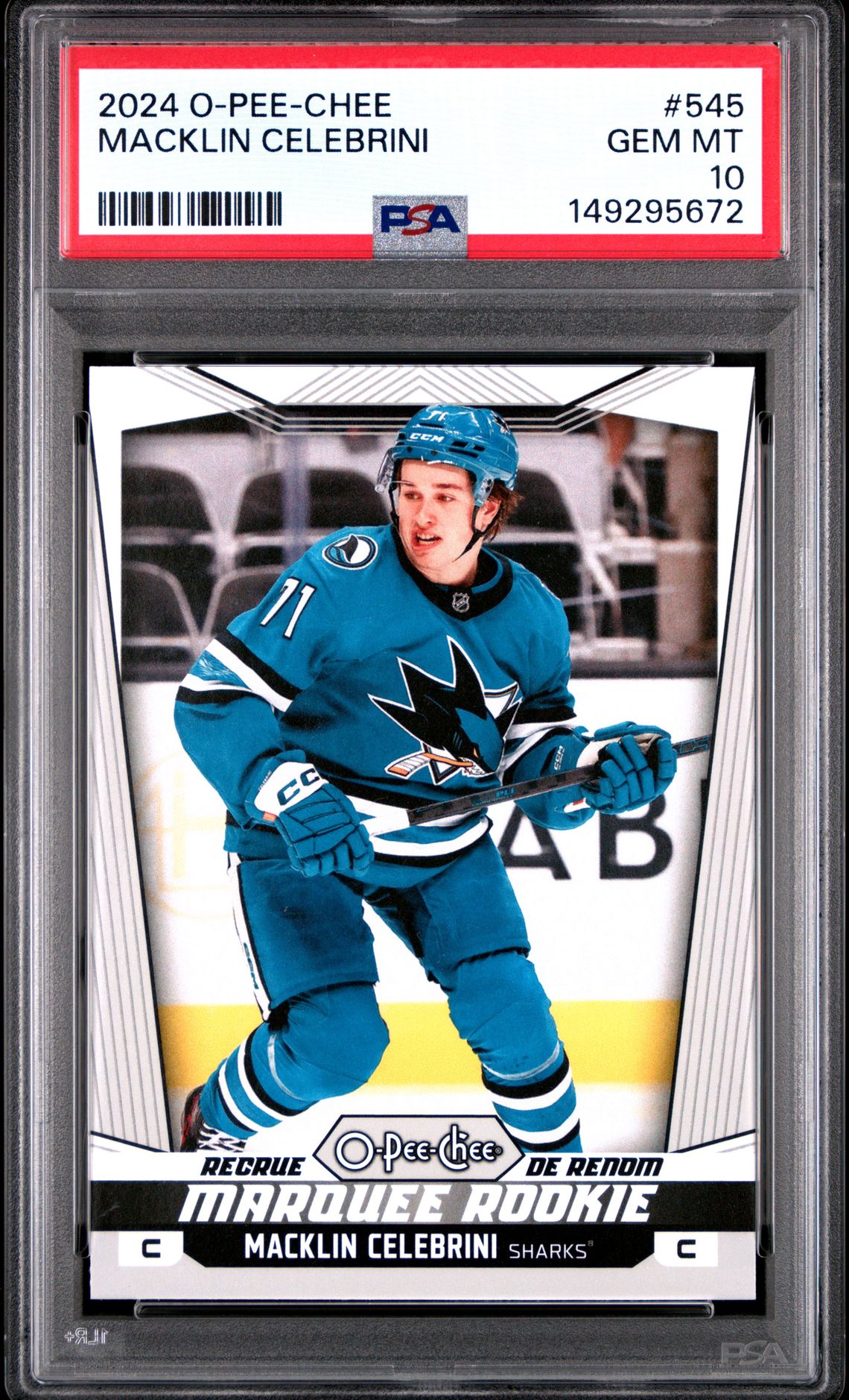 2024 Upper Deck O-Pee-Chee Macklin Celebrini #545 Gem Mt 10 front view - PSA graded GEM MT 10
