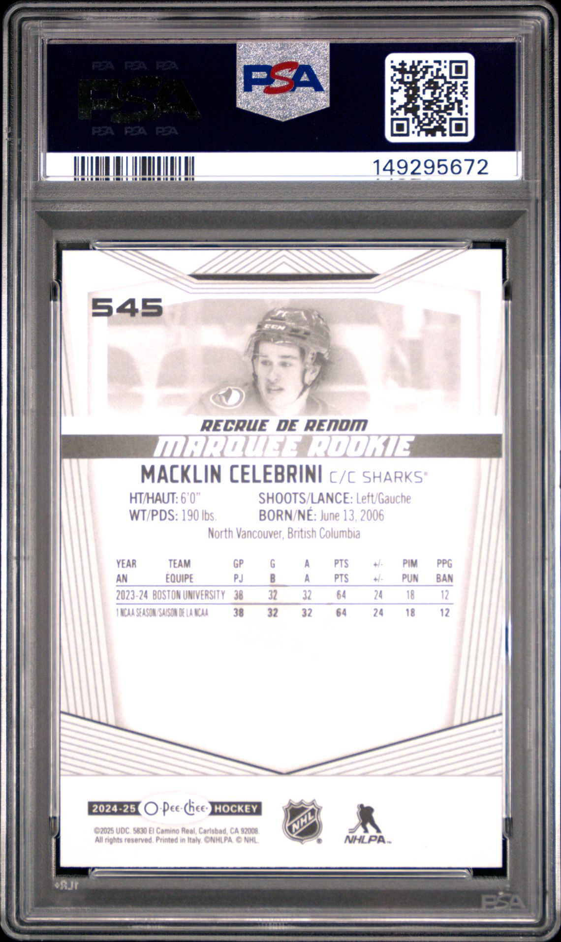 2024 Upper Deck O-Pee-Chee Macklin Celebrini #545 Gem Mt 10 back view - PSA certificate #149295672