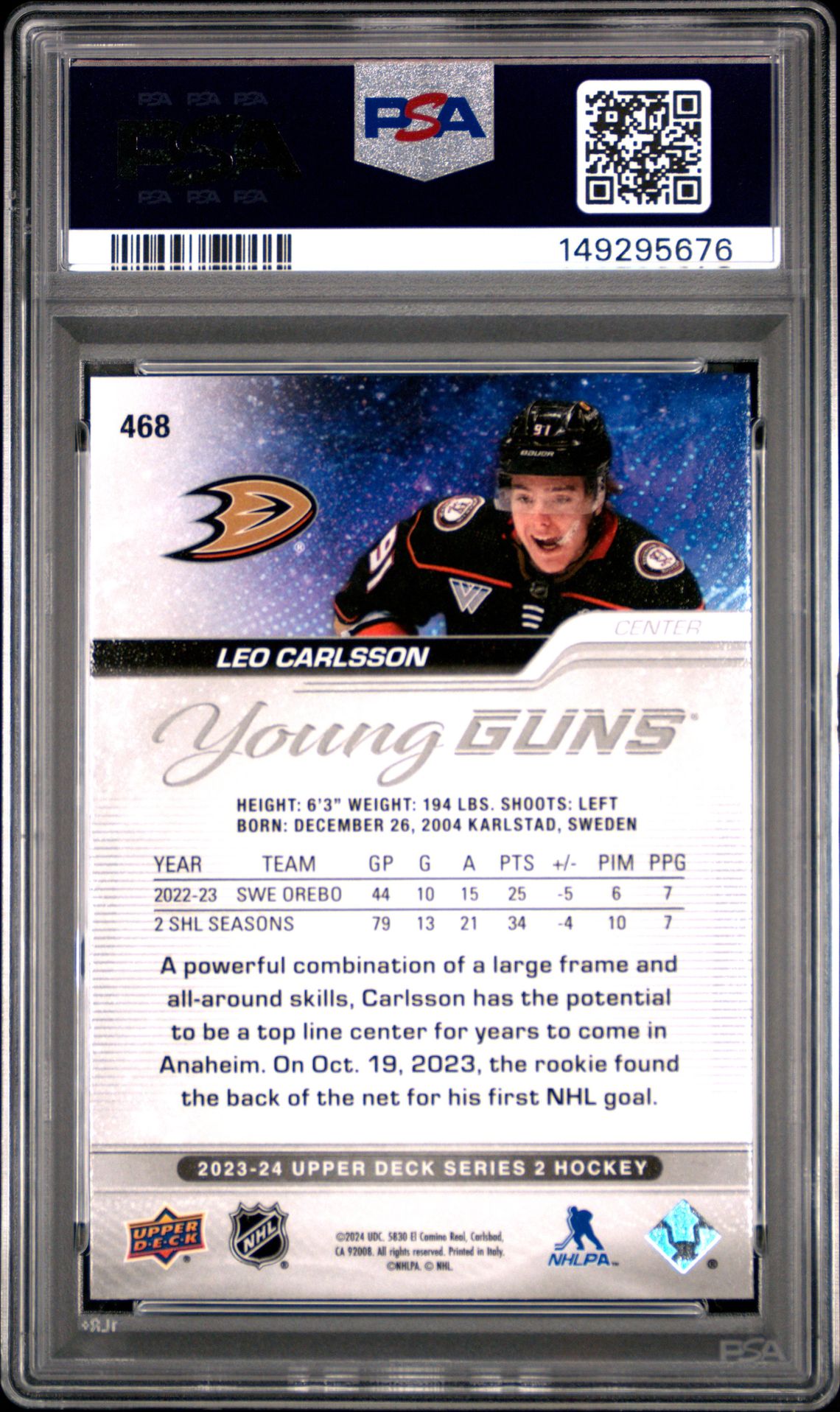 2023 Upper Deck Leo Carlsson #468 Gem Mt 10 back view - PSA certificate #149295676