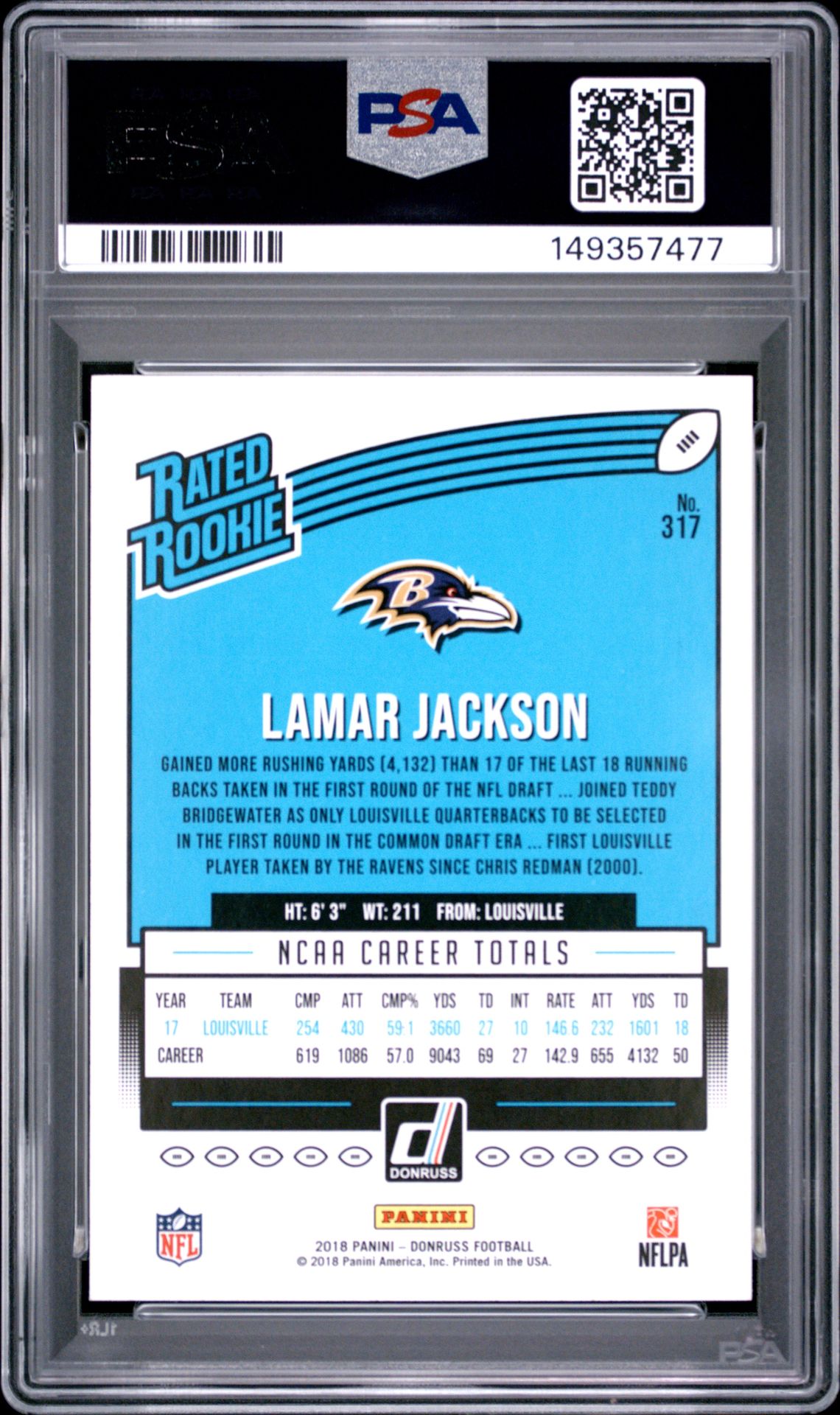 2018 Panini Donruss Lamar Jackson #317 Gem Mt 10 back