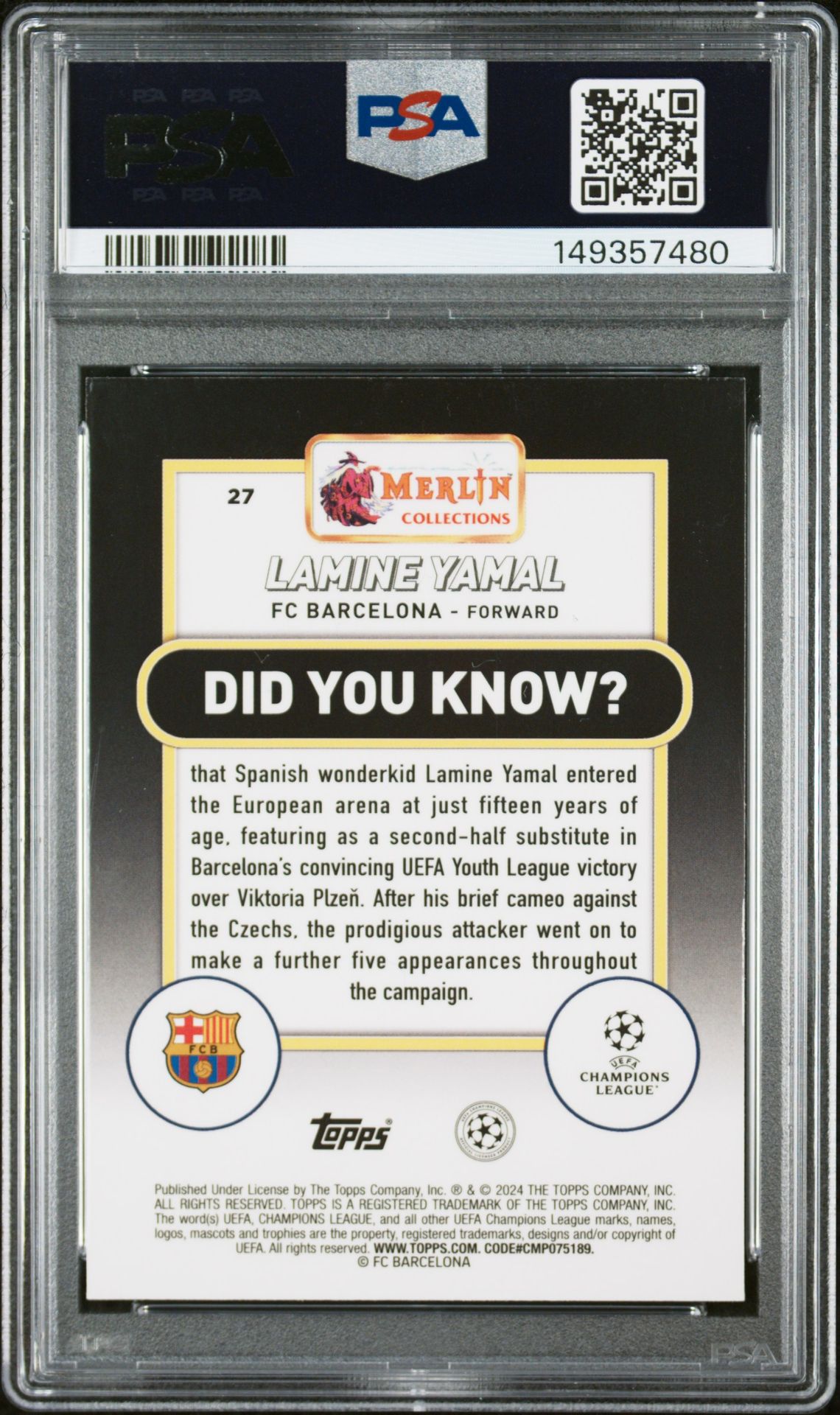 2023-24 Topps Merlin Uefa Club Competitions Lamine Yamal #27 (Image Variation) Mint 9 back