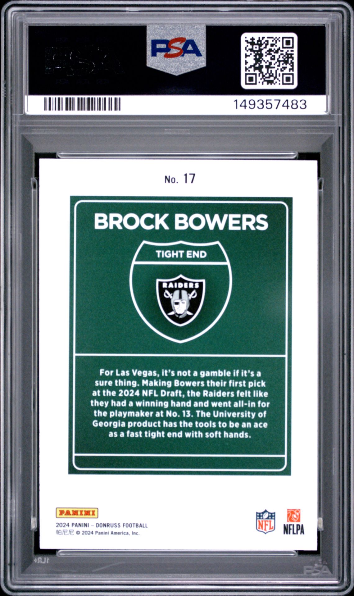 2024 Panini Donruss Downtown! Brock Bowers #17 Gem Mt 10 back view - PSA certificate #149357483