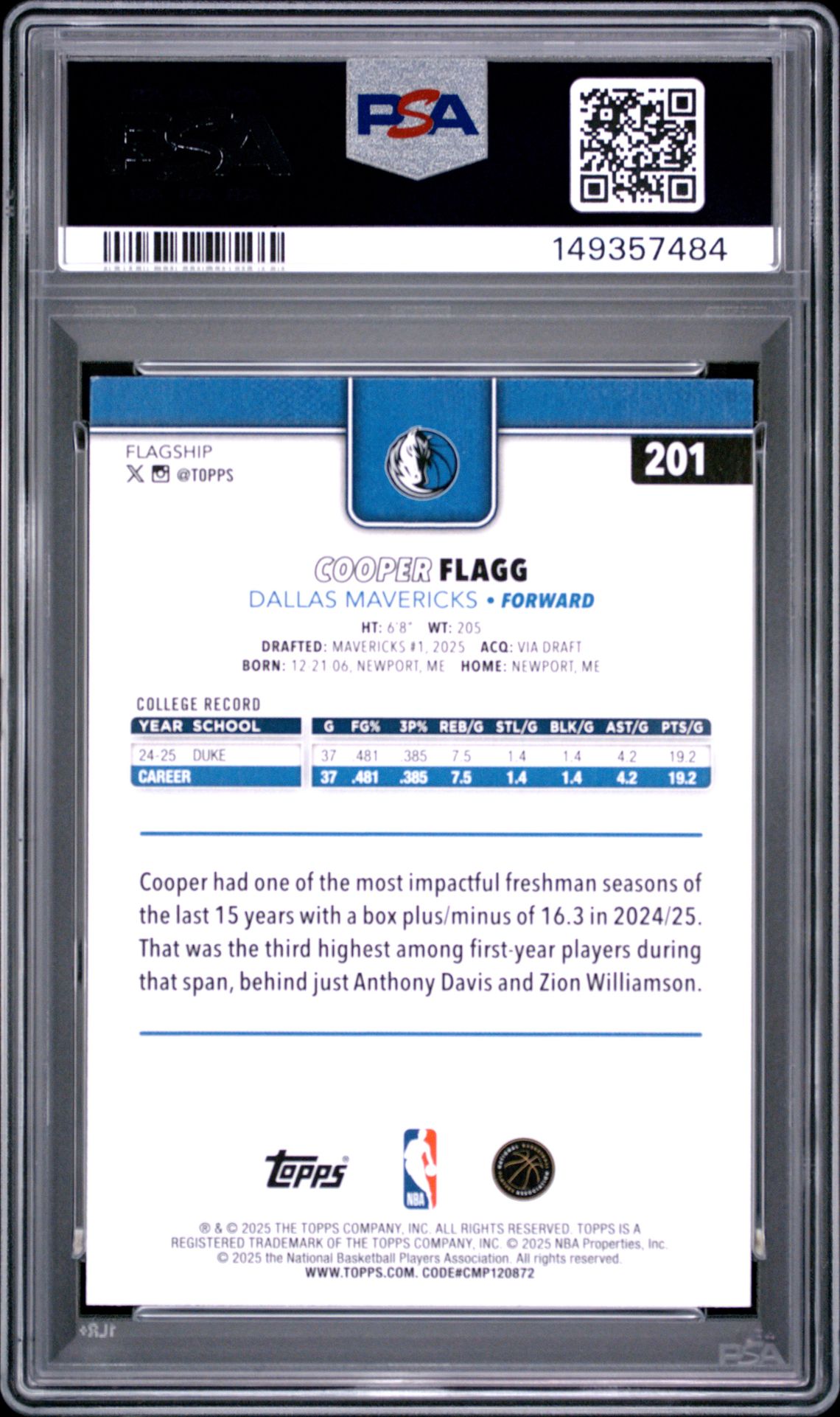 2025 Topps Cooper Flagg #201 Nm-Mt 8 back