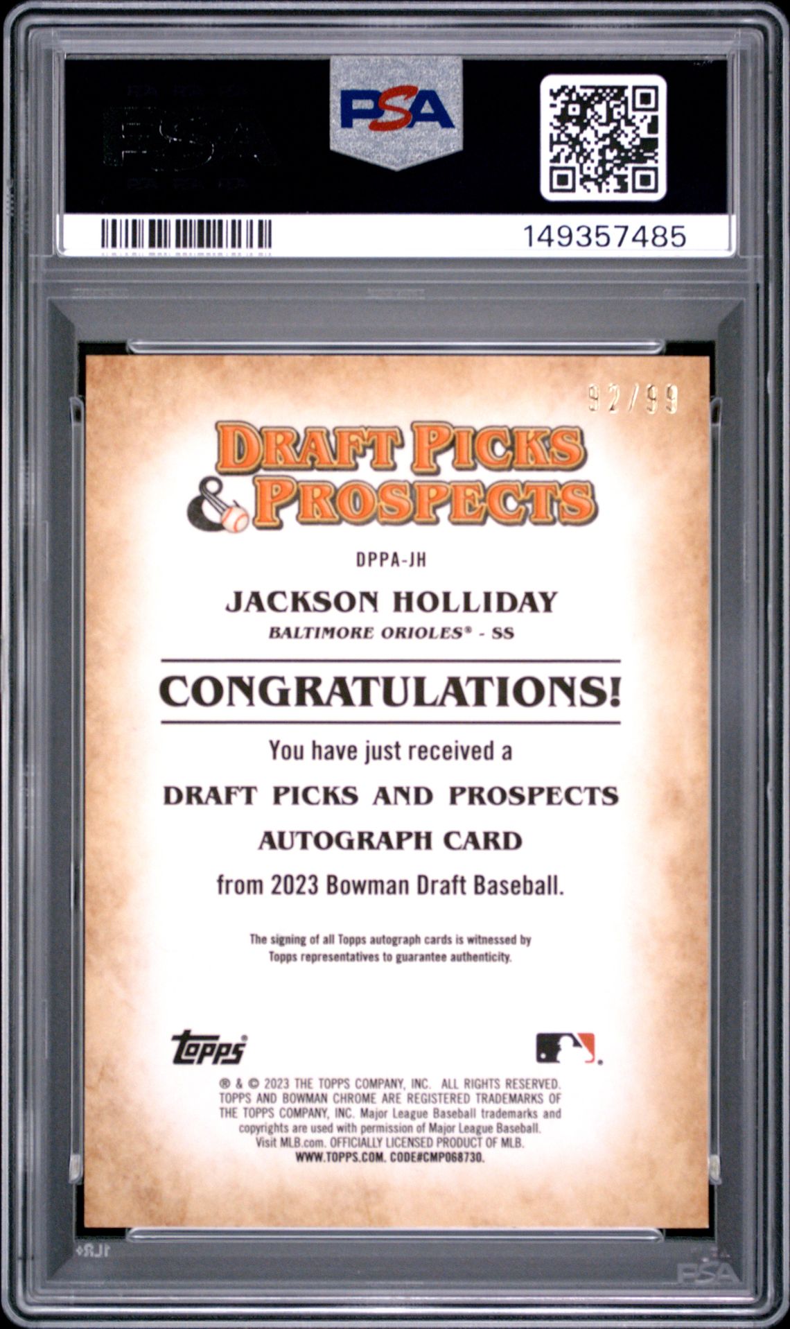 2023 Bowman Draft Draft Picks & Prospects Autograph Jackson Holliday #Dppajh Nm 7 back