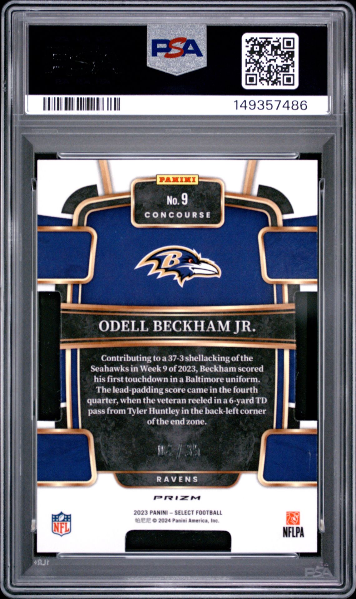 2023 Panini Select Odell Beckham Jr. #9 (Die-Cut Blue & Orange Prizm) Gem Mt 10 back view - PSA certificate #149357486