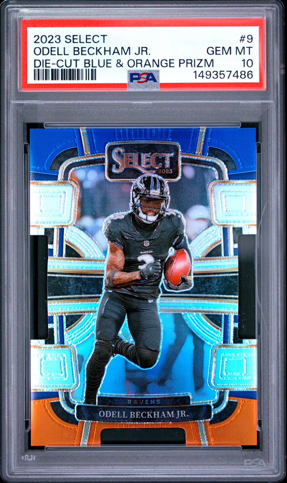 2023 Panini Select Odell Beckham Jr. #9 (Die-Cut Blue & Orange Prizm) Gem Mt 10 front view - PSA graded GEM MT 10